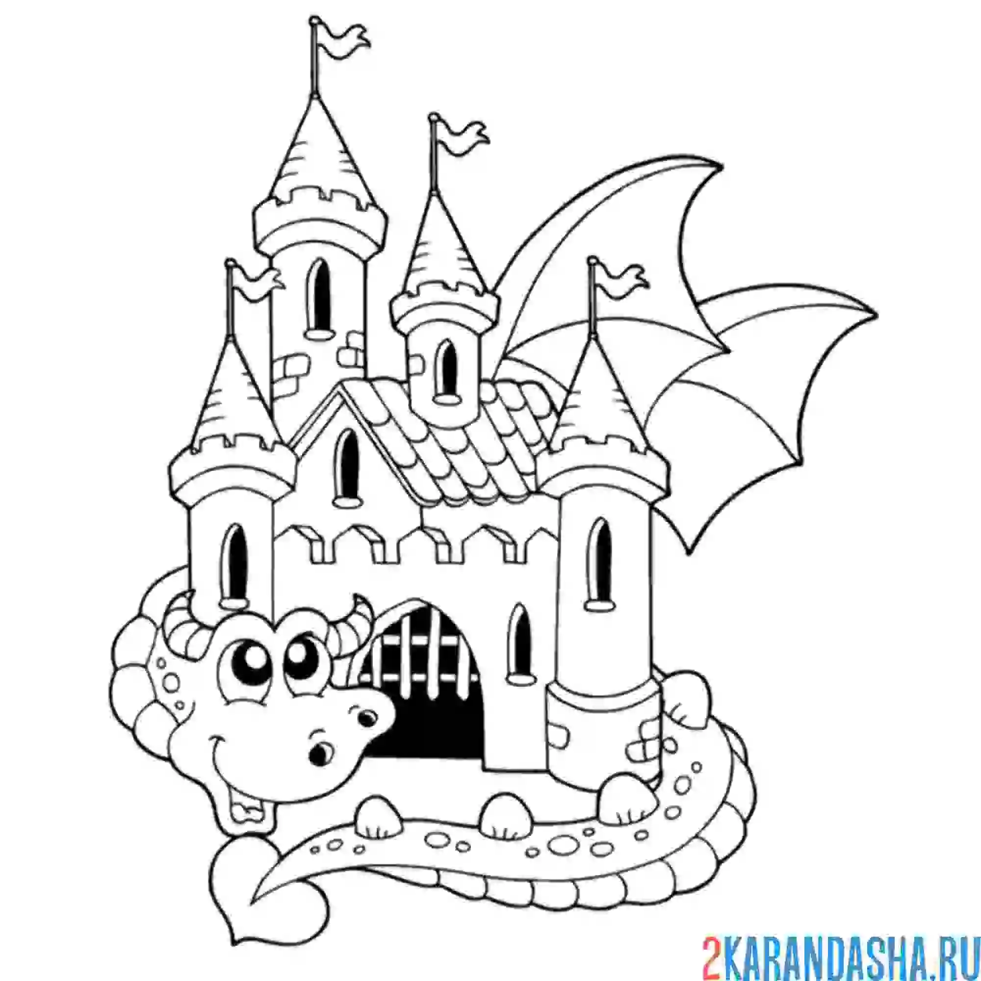 Раскраска дракон вокруг замка
