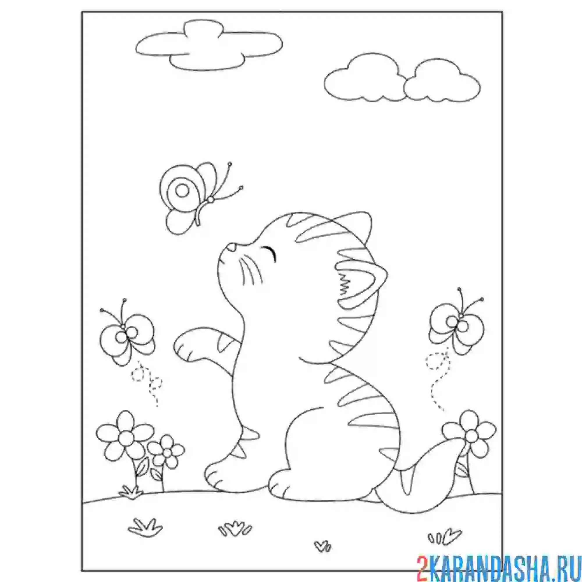 Раскраска котенок ловит бабочку