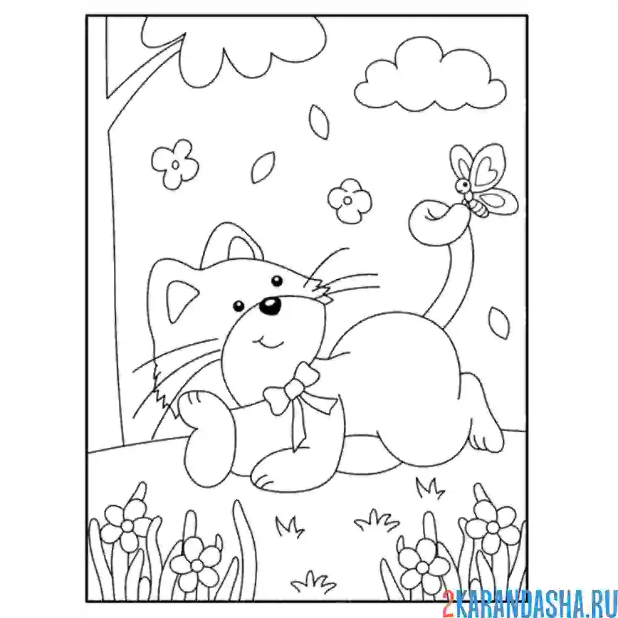 Раскраска кот под деревом