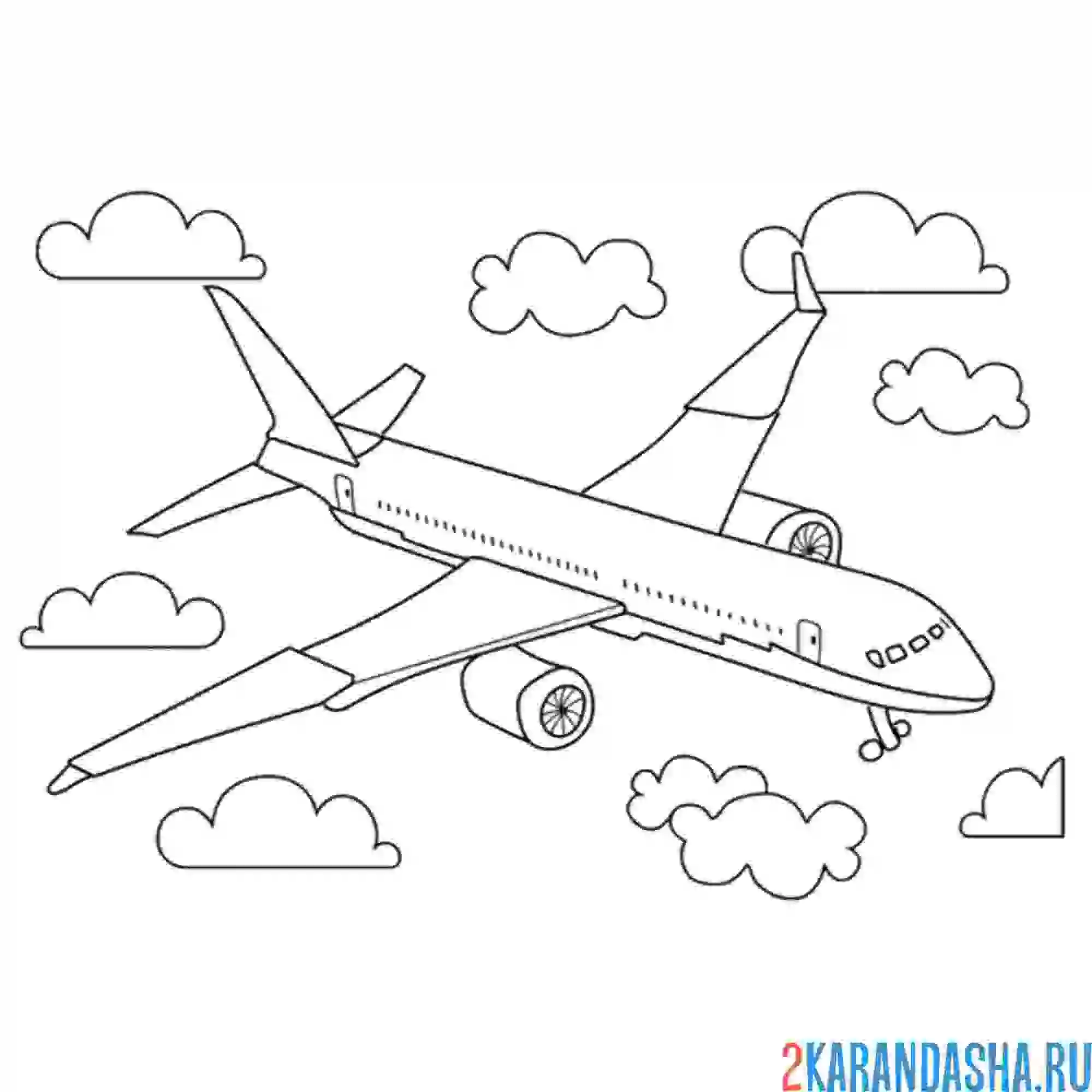 Раскраска пассажирский самолет в облаках