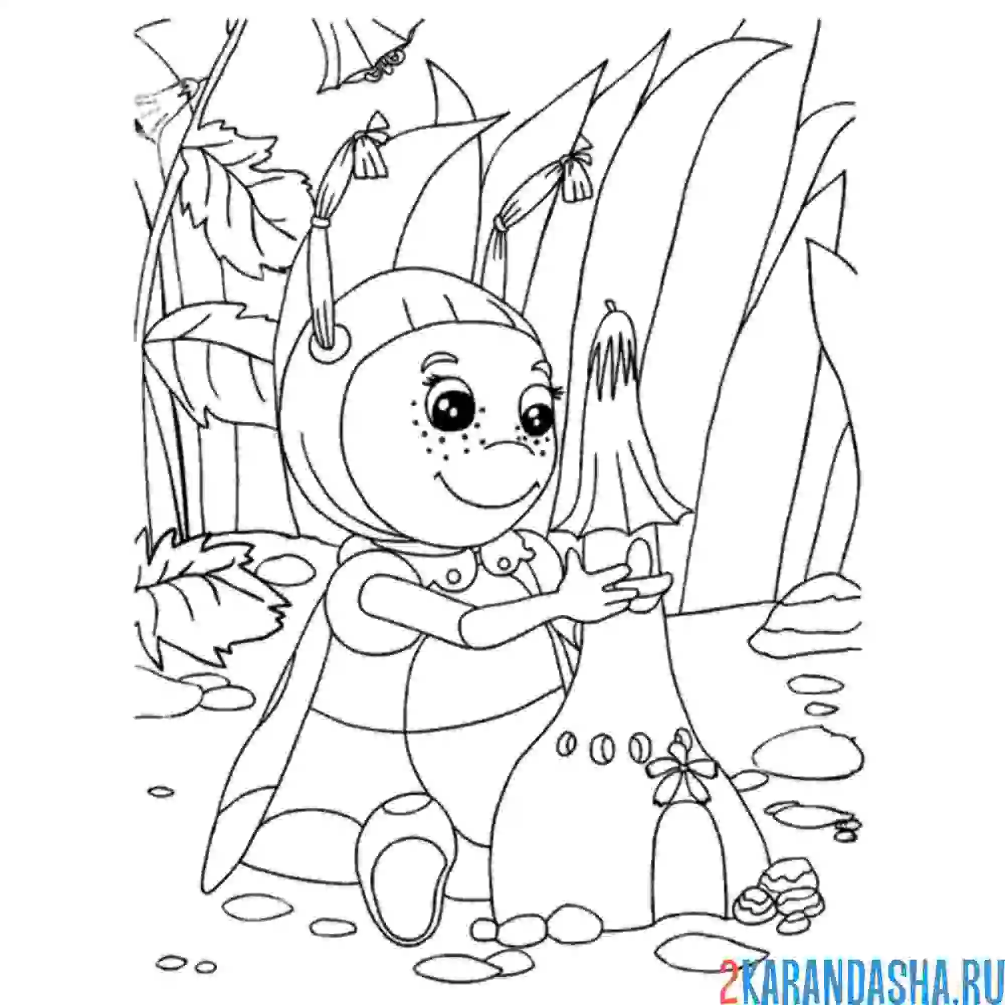 Раскраска мила строит песчаный замок