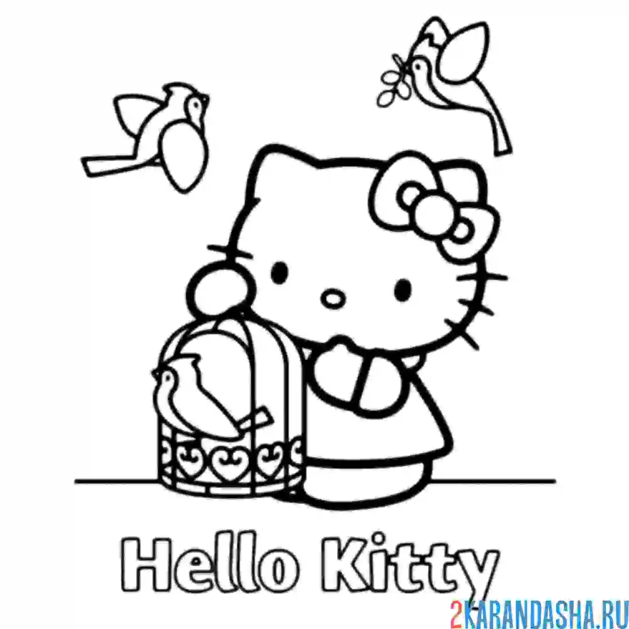 Раскраска китти с птичкой