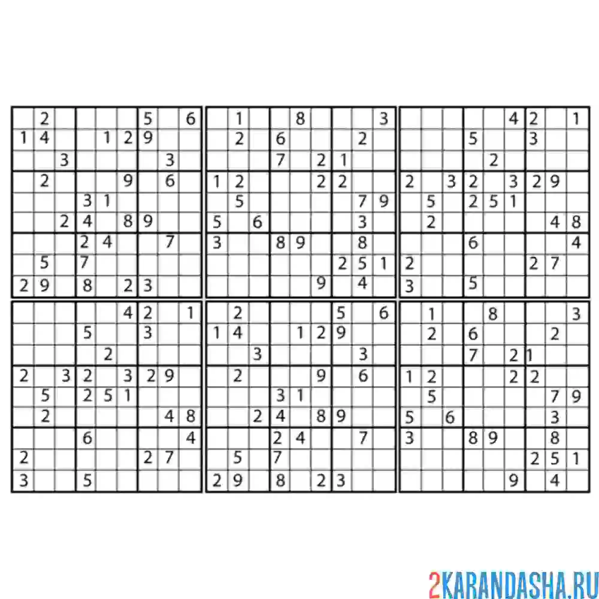 Раскраска шесть судоку на одном листе