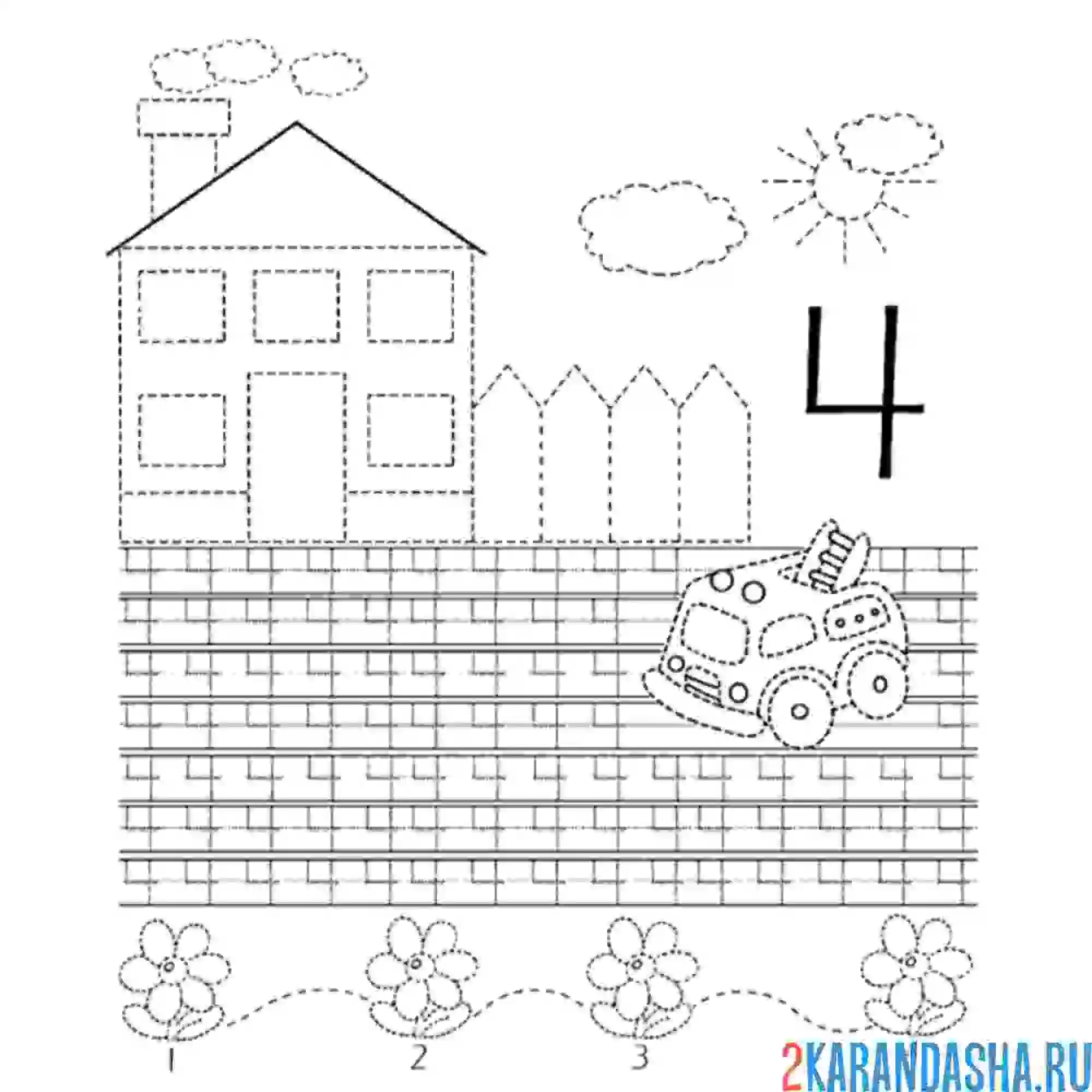 Раскраска изучаем цифру 4 пропись