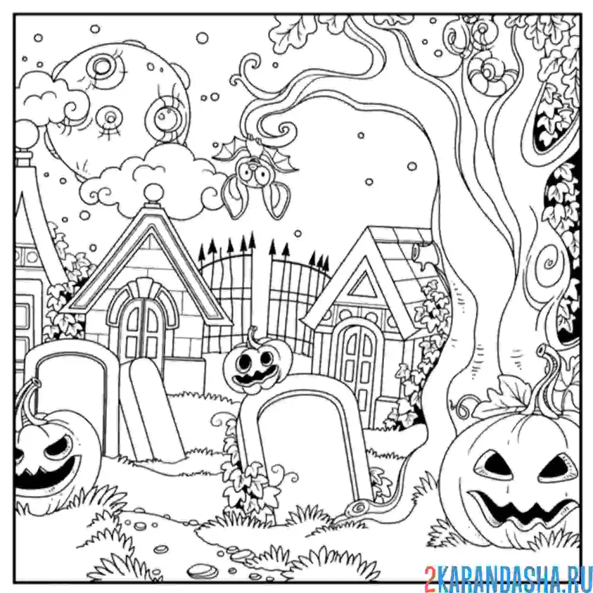 Раскраска хэллоуин дом и могилы