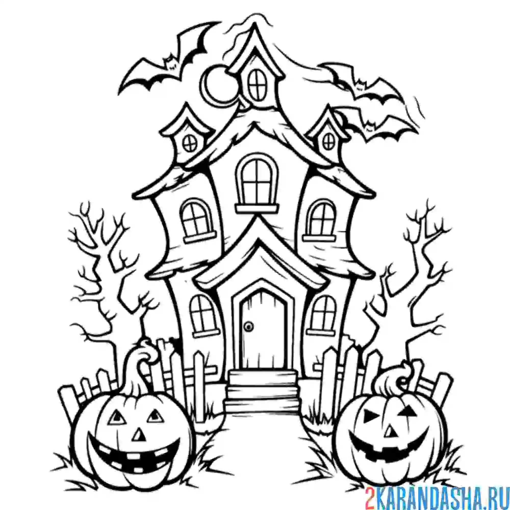 Раскраска хэллоуин дом с летучими мышами