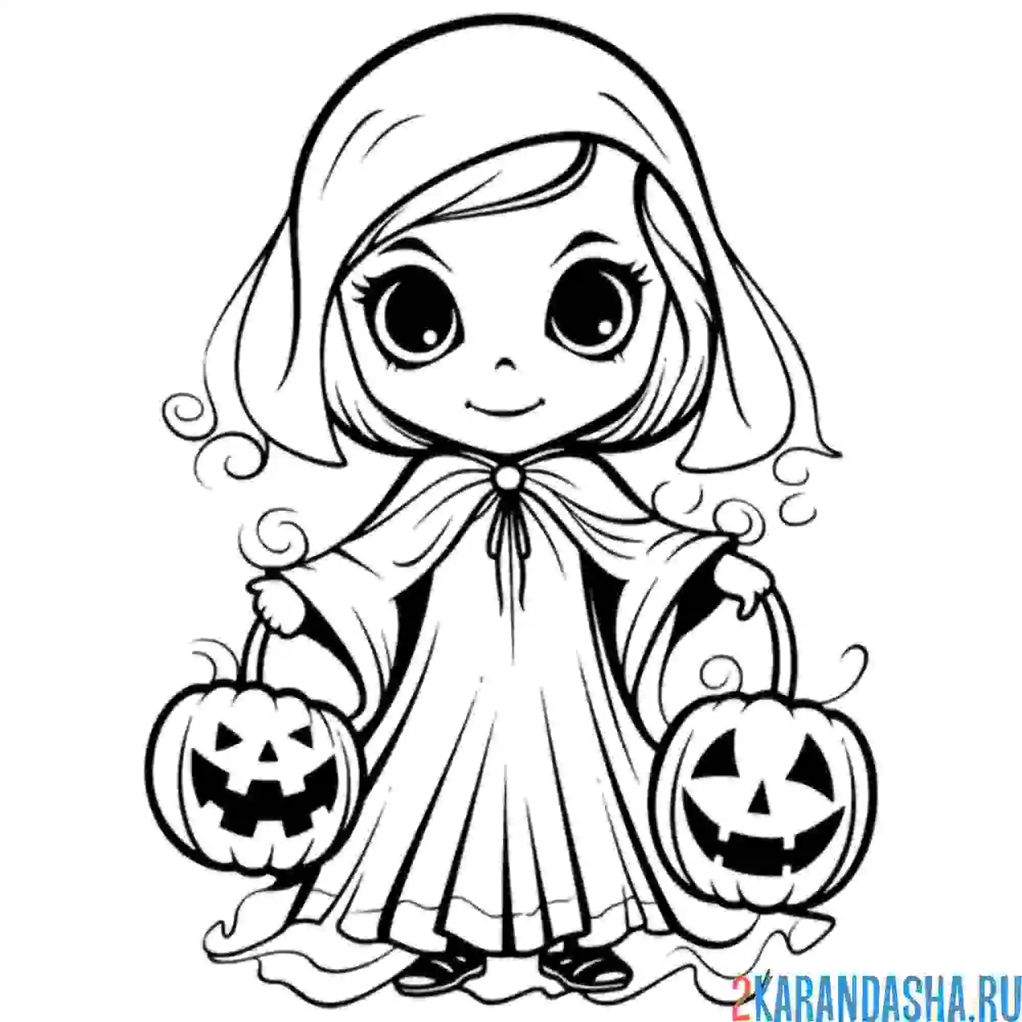 Раскраска девочка на хэллоуин с тыквой