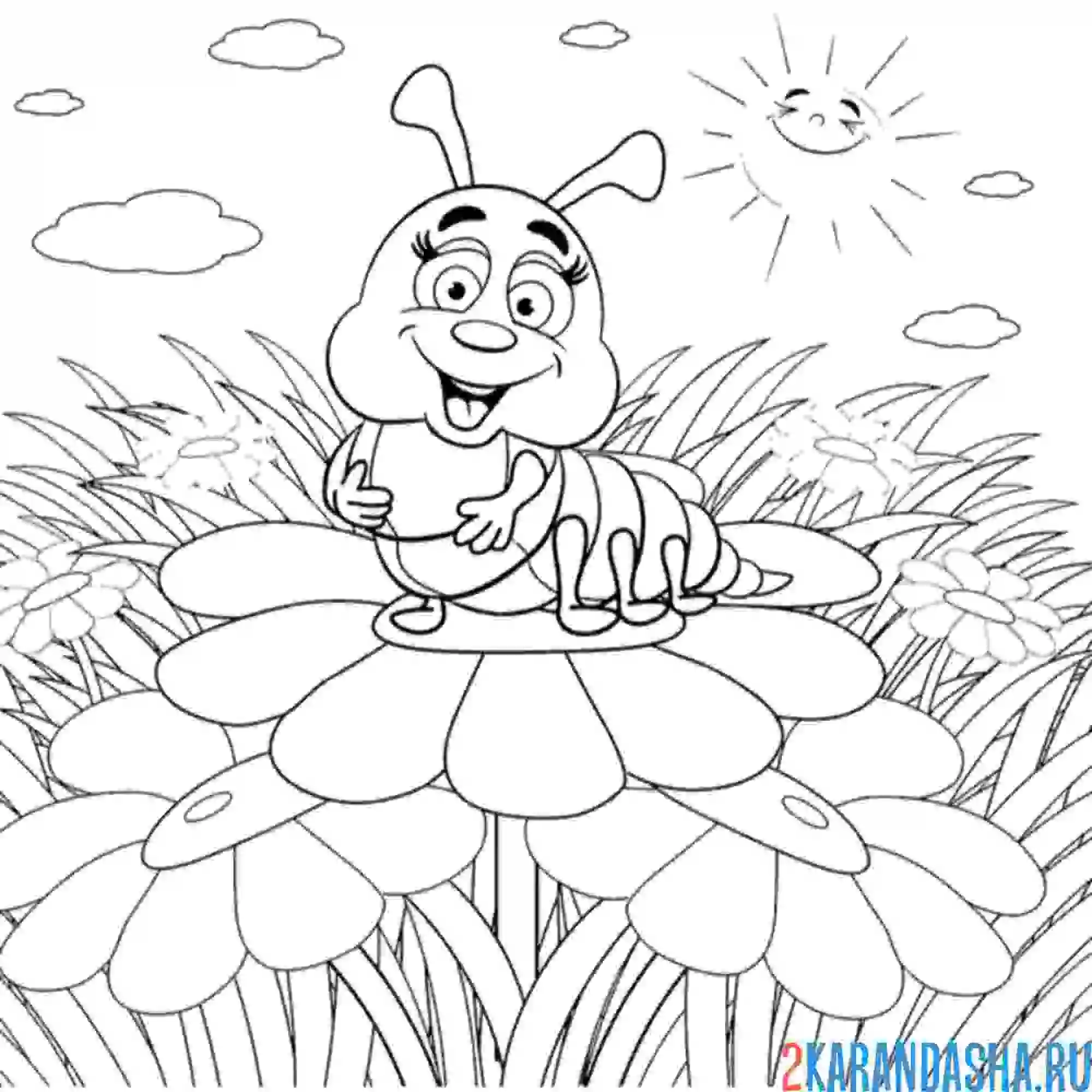 Раскраска гусеница на цветке