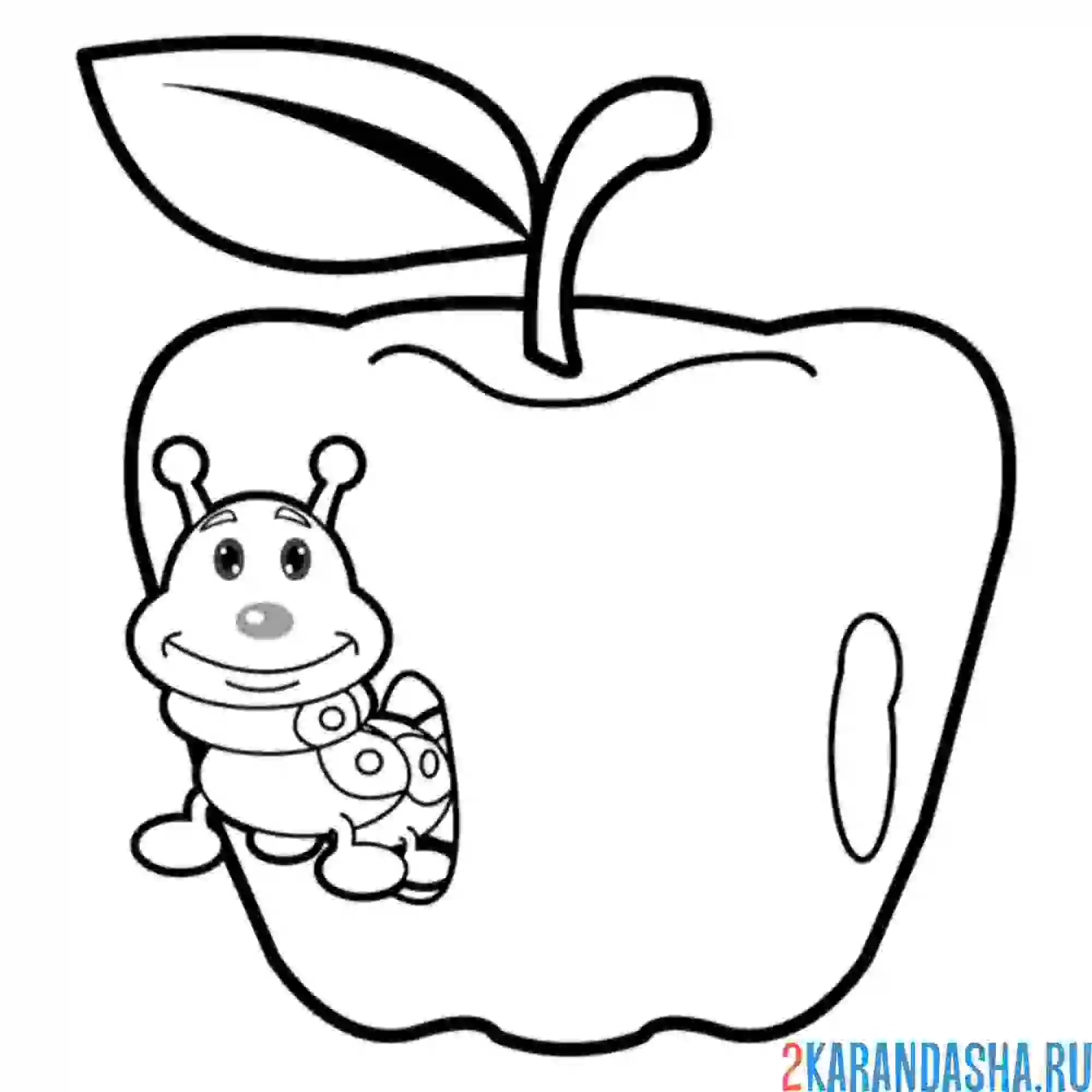 Раскраска в яблоке гусеница (червяк)