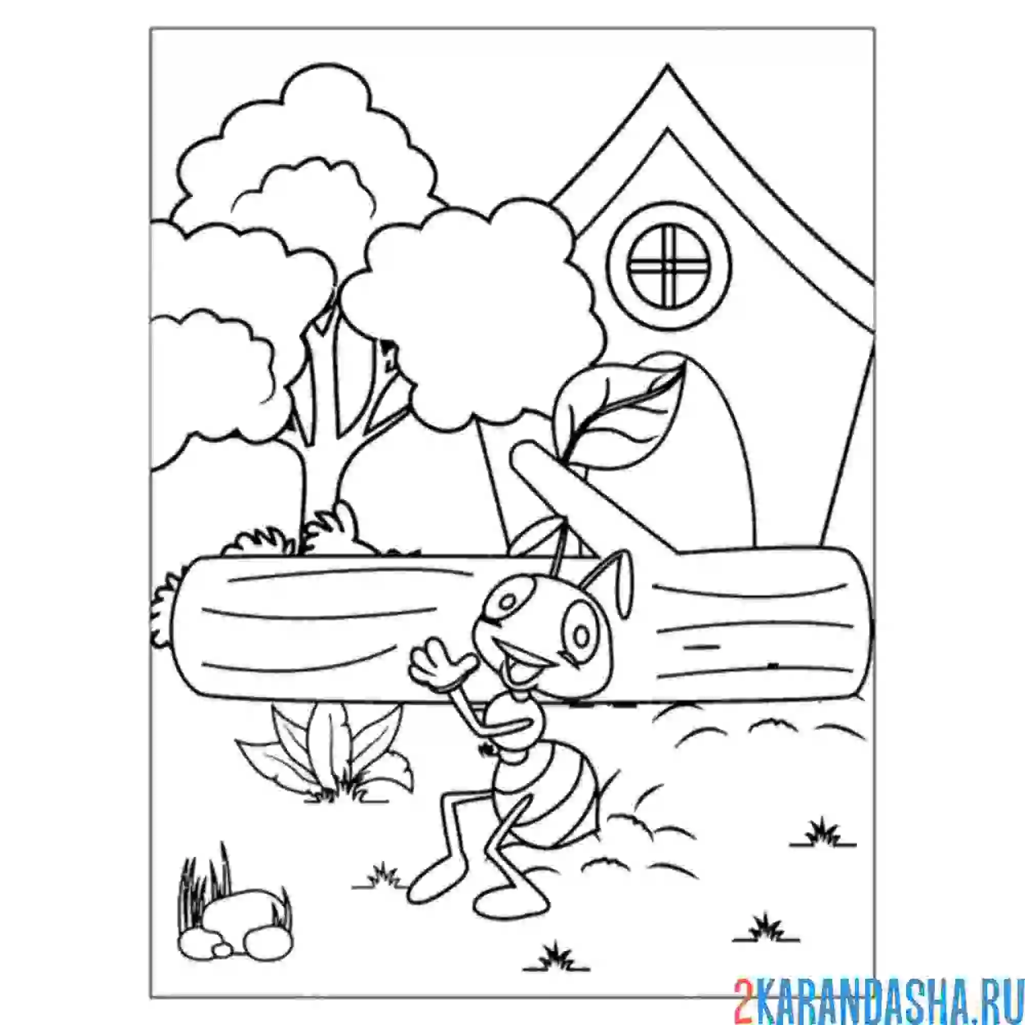 Раскраска муравей тащит бревно