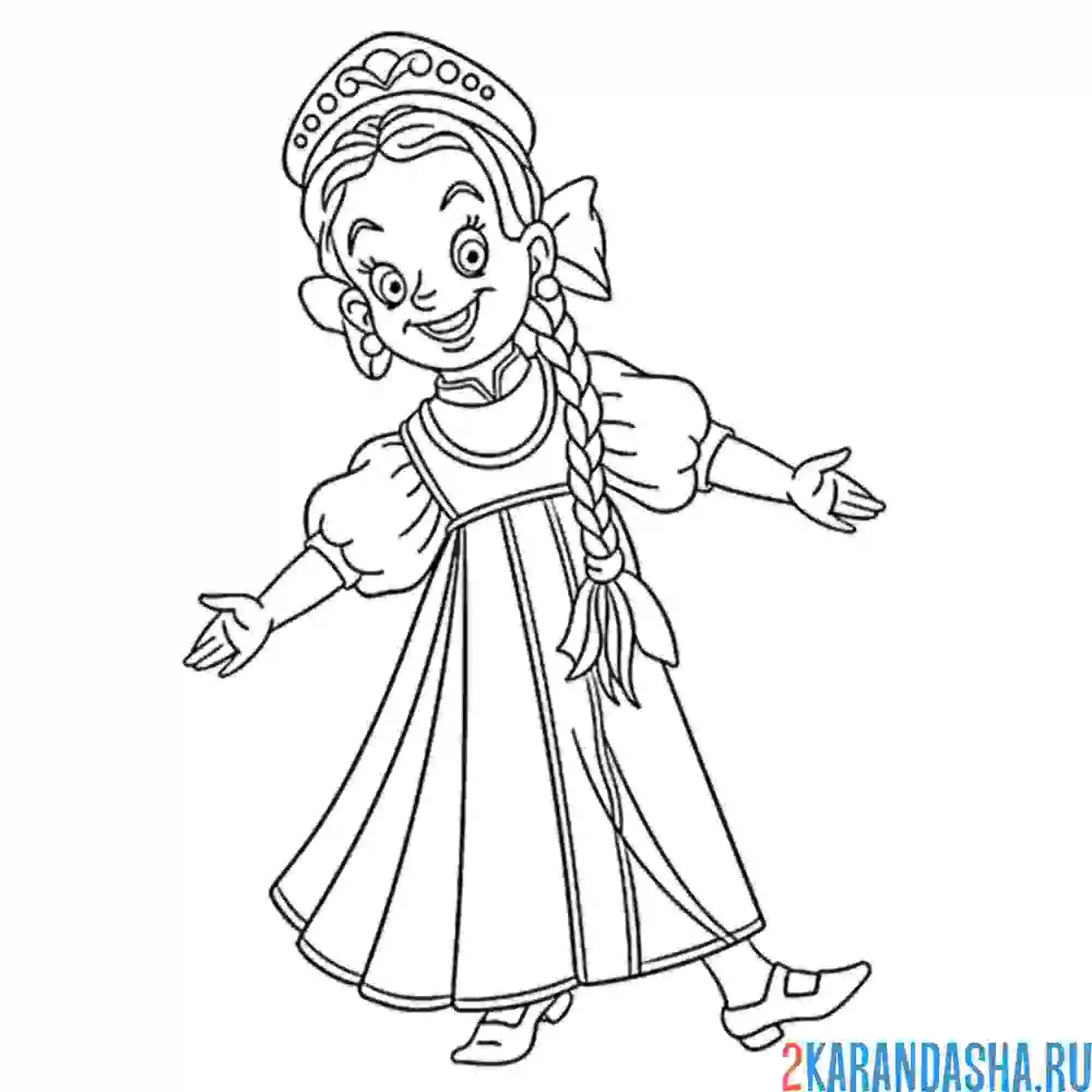 Раскраска женский русский национальный костюм