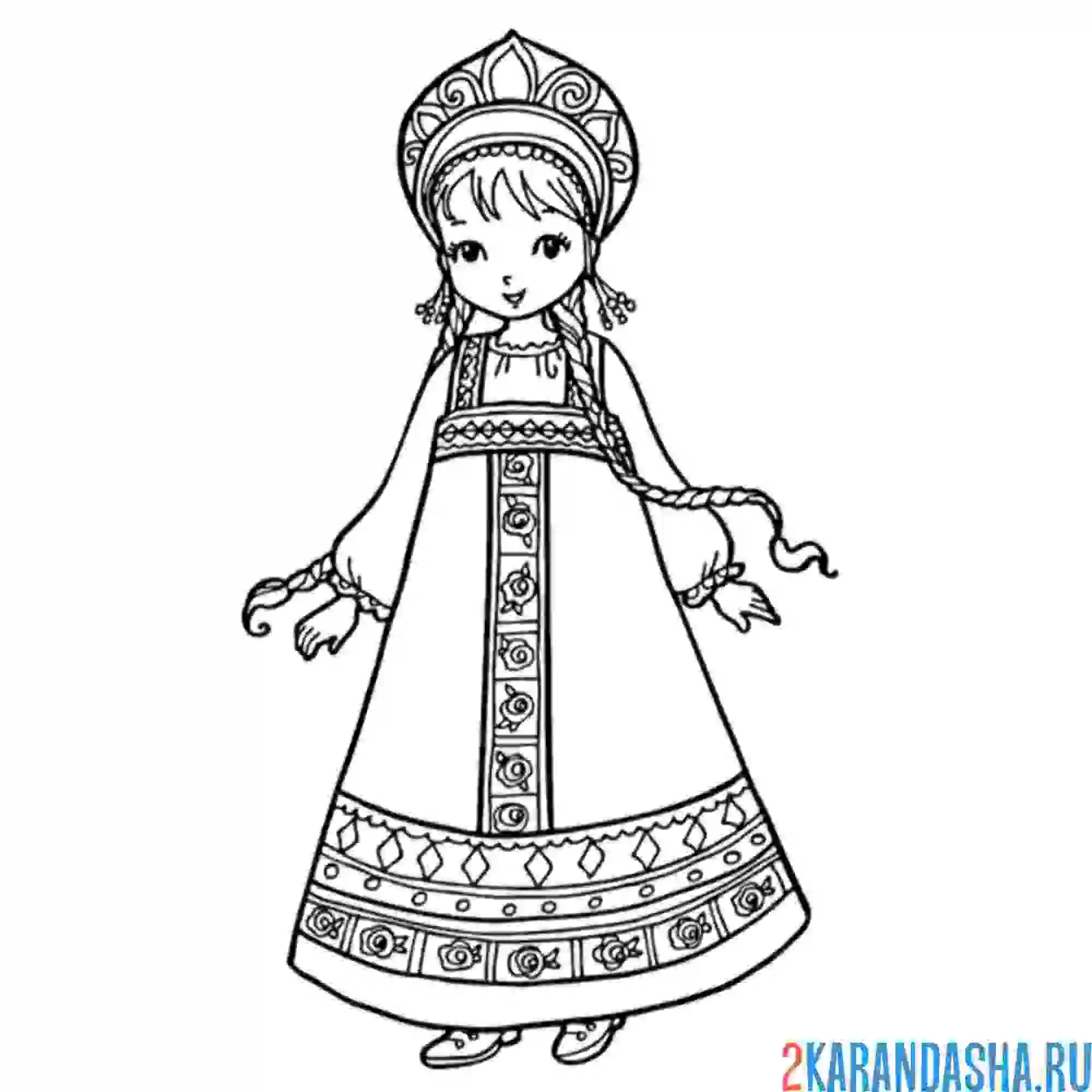 Раскраска русский женский национальный костюм