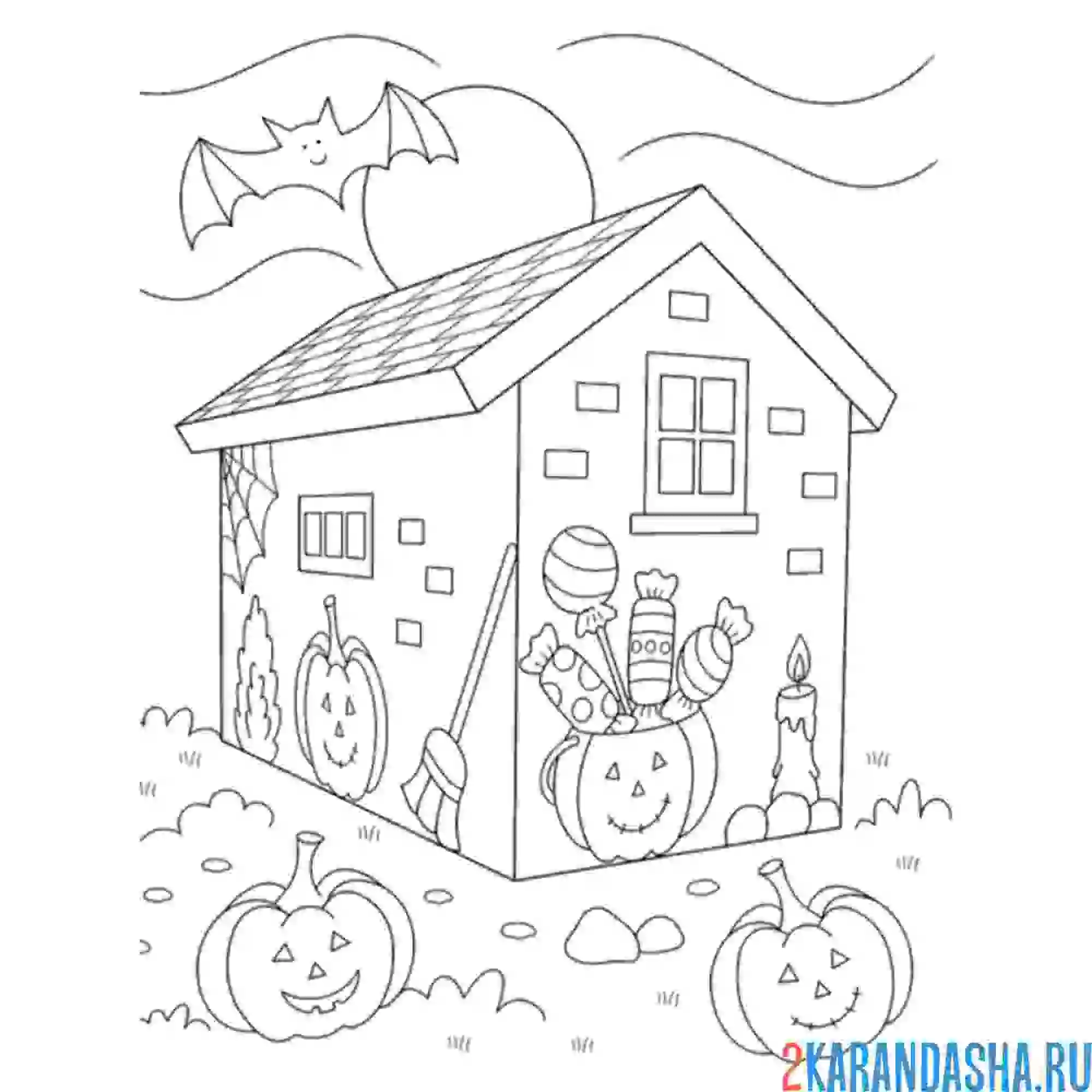Раскраска хэллоуин дом и тыквы