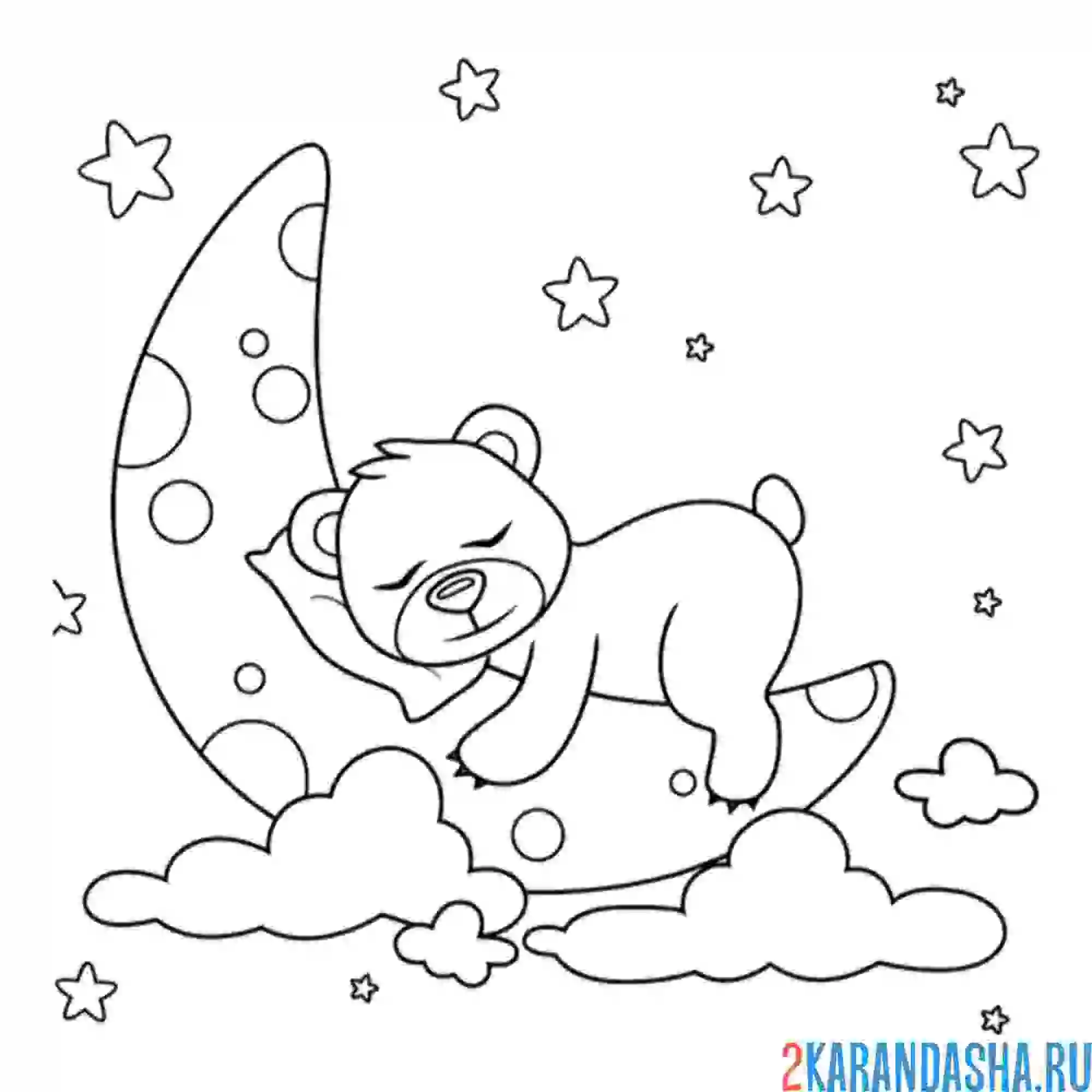 Раскраска мишка спит на луне