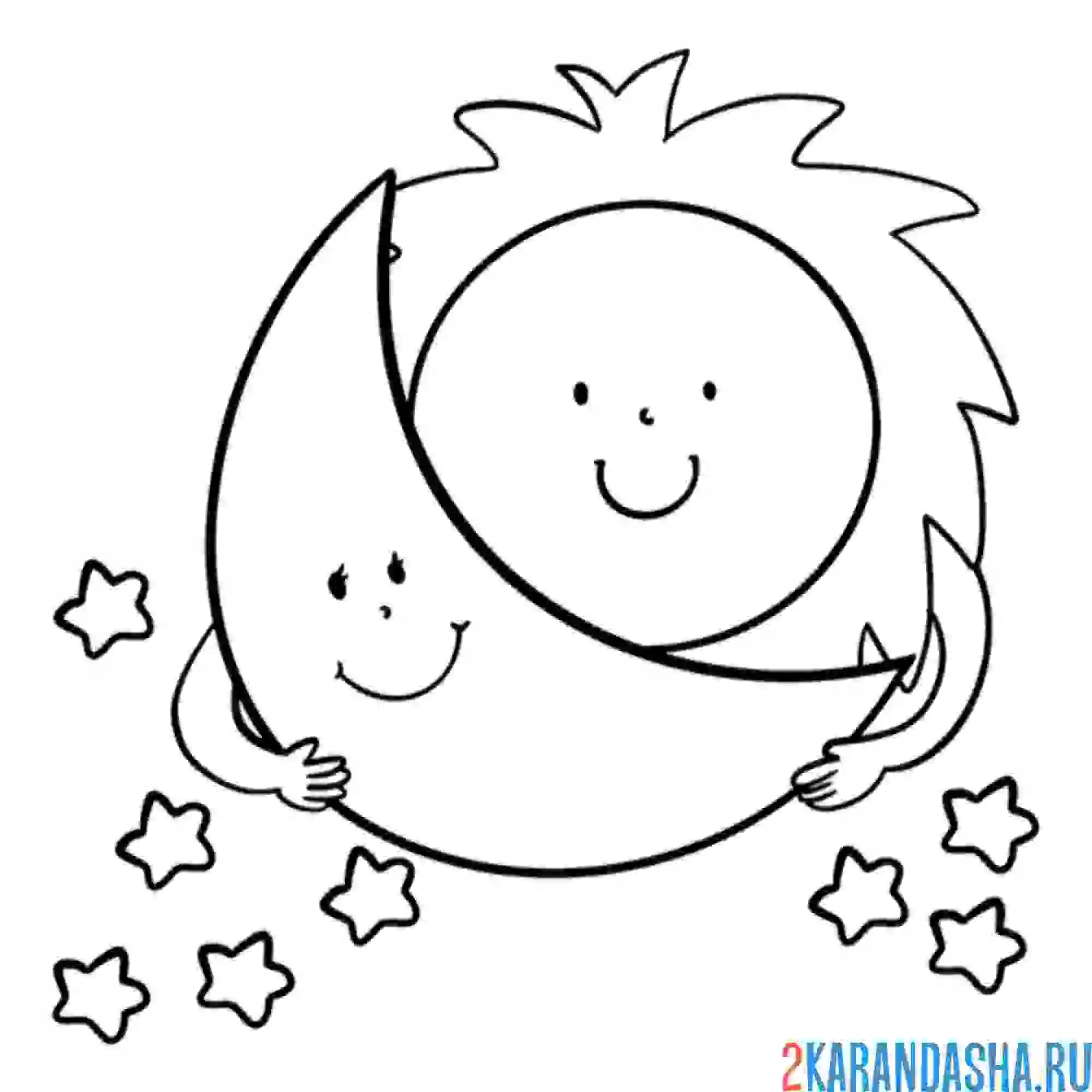 Раскраска луна и солнце, звезды