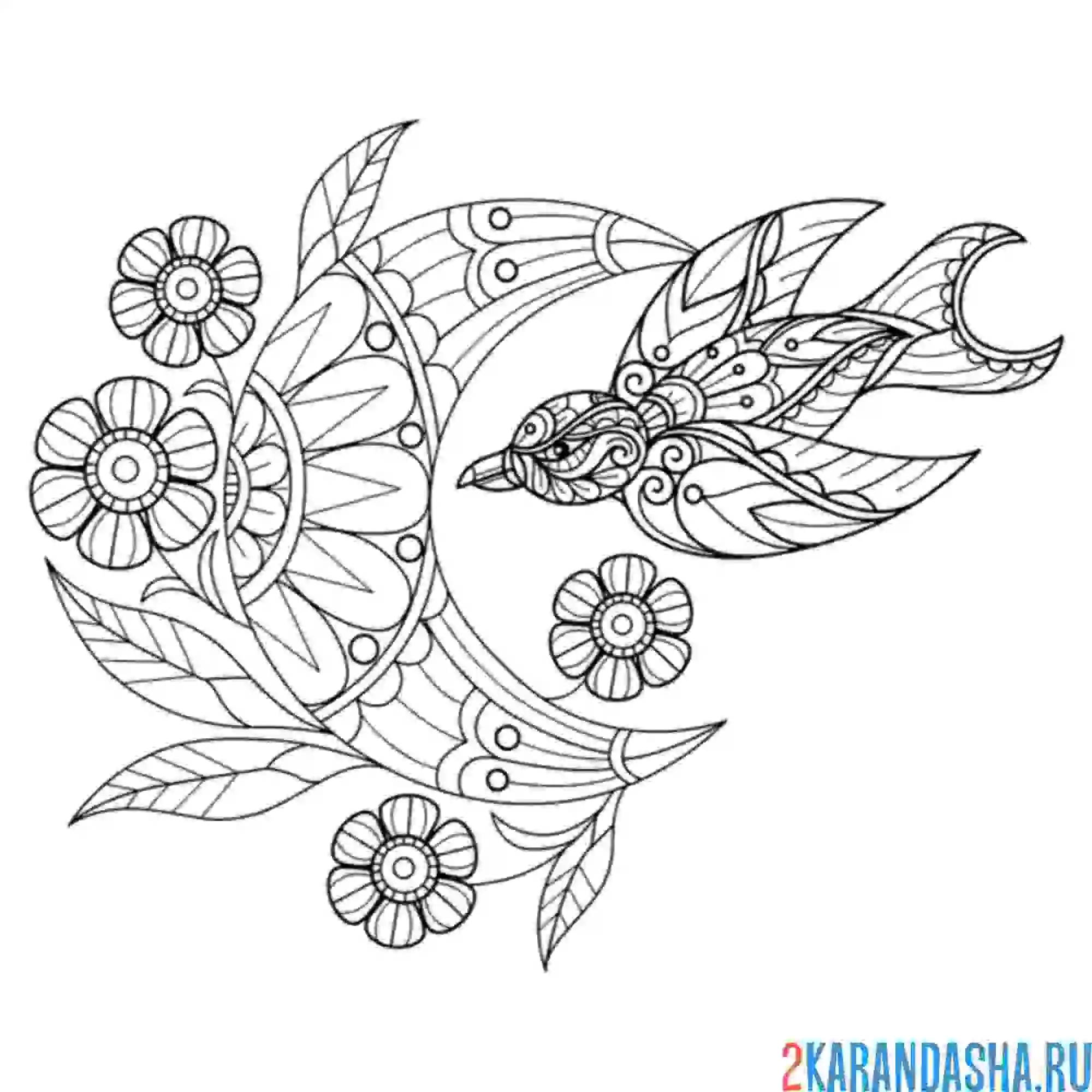 Раскраска луна и птичка антистресс