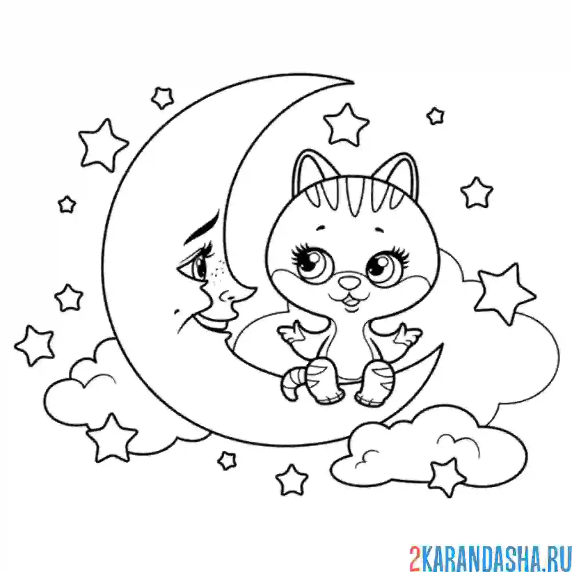 Раскраска котик на луне