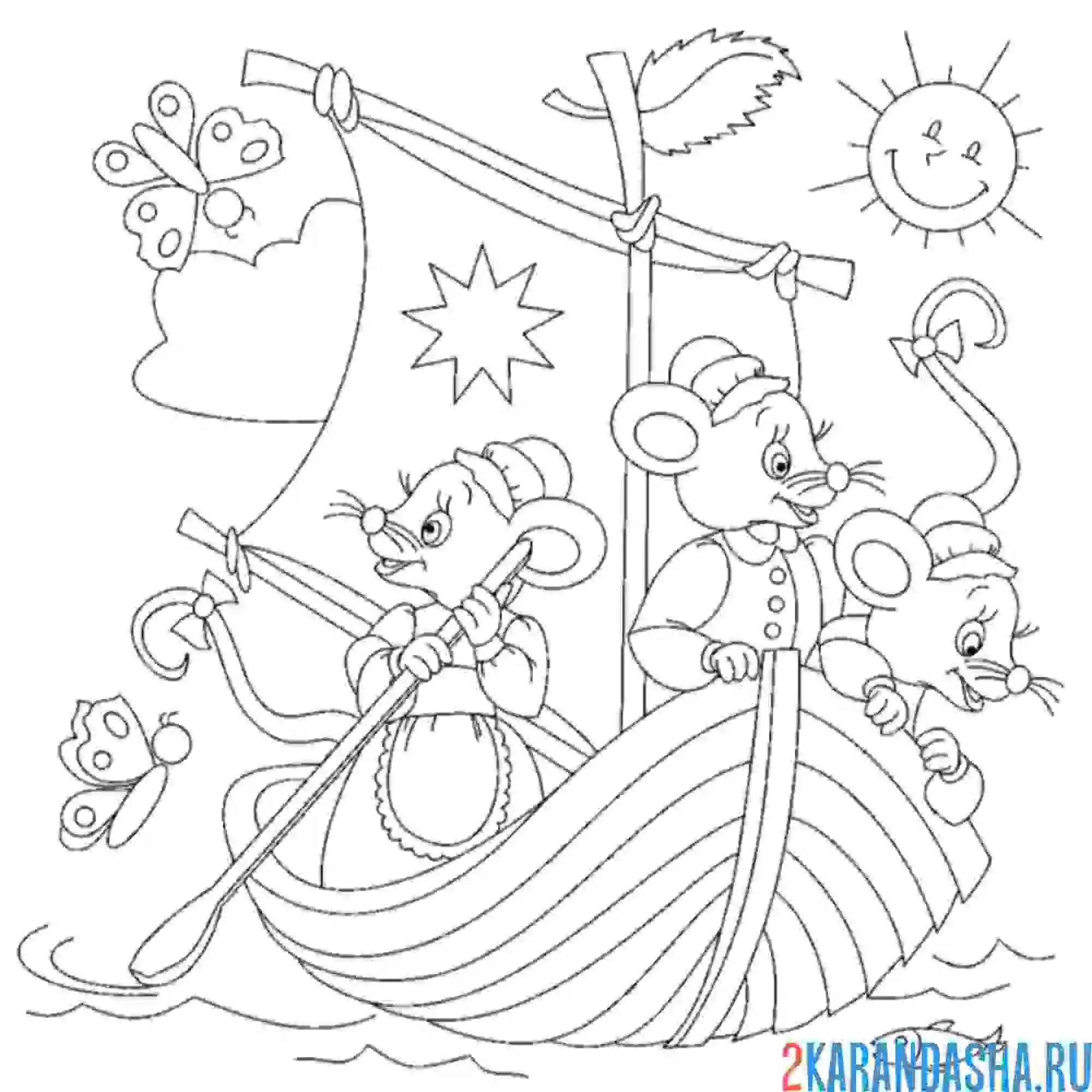 Раскраска мышиная семья на корабле