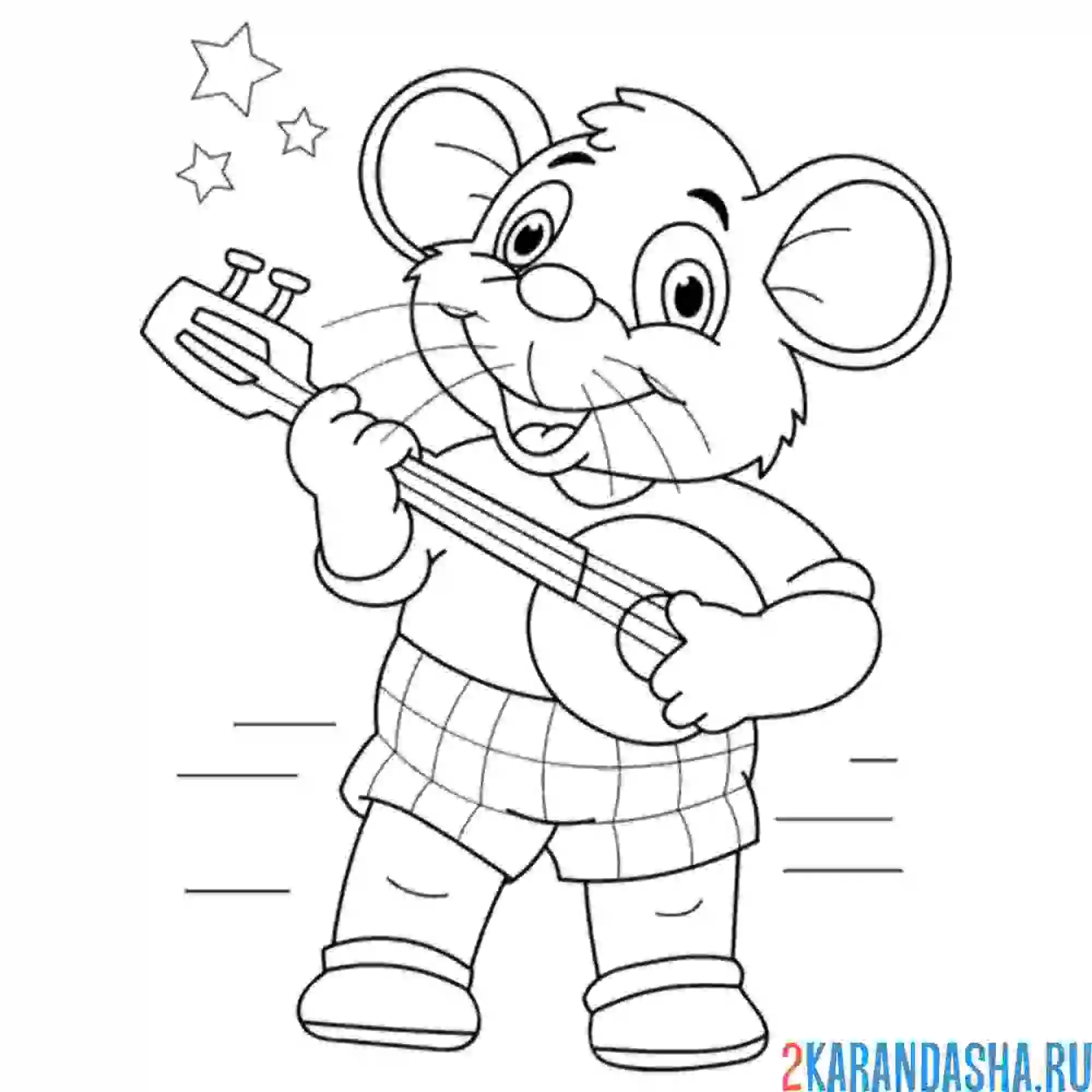 Раскраска мышь играет на гитаре