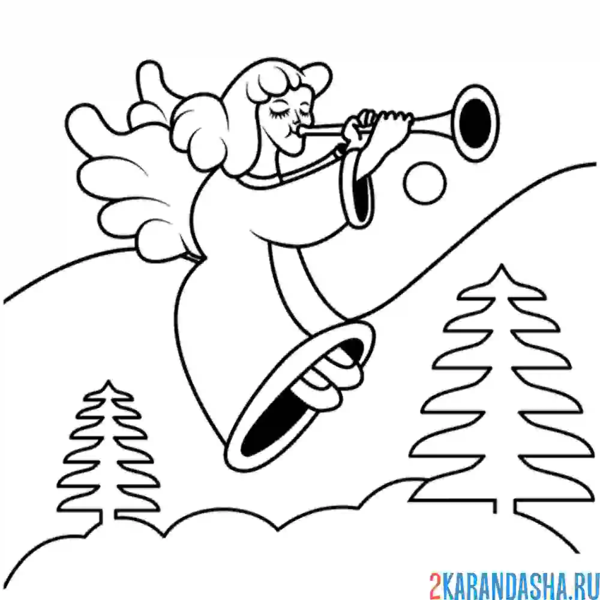 Раскраска ангел играет на трубе в лесу