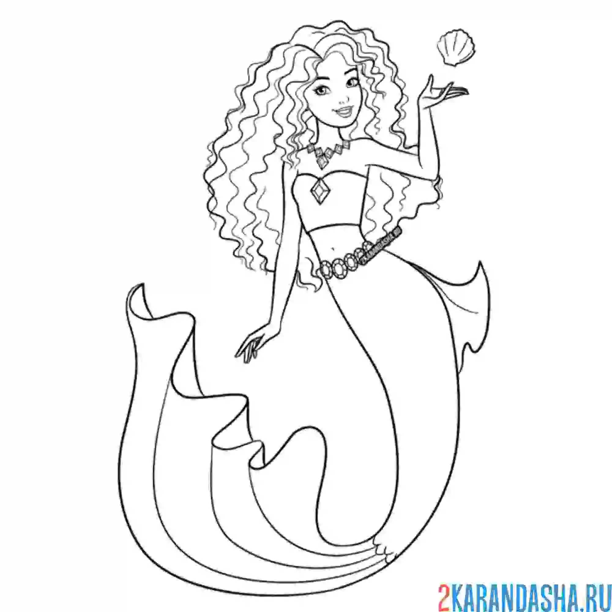 Раскраска барби-русалка с длинными густыми волосами
