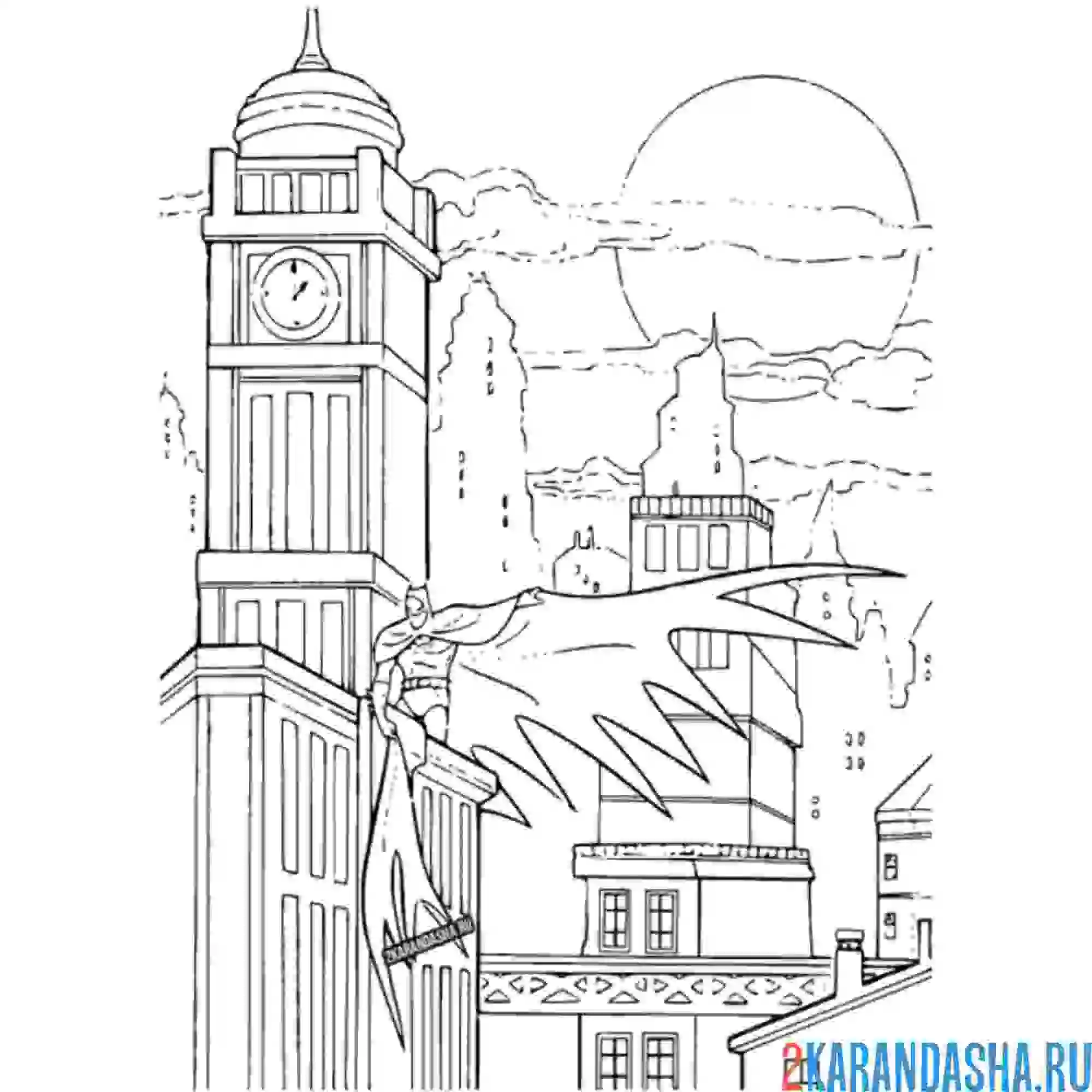 Раскраска бэтмен на крышах города