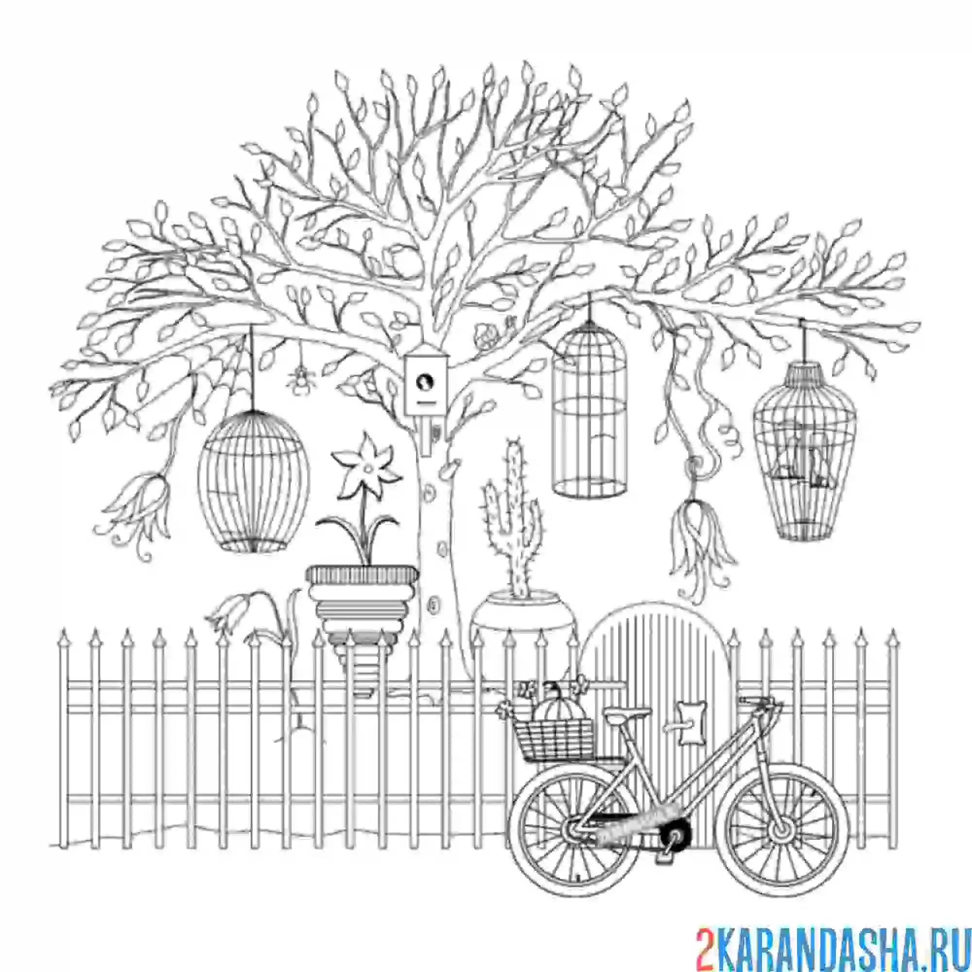 Раскраска дерево и велосипед