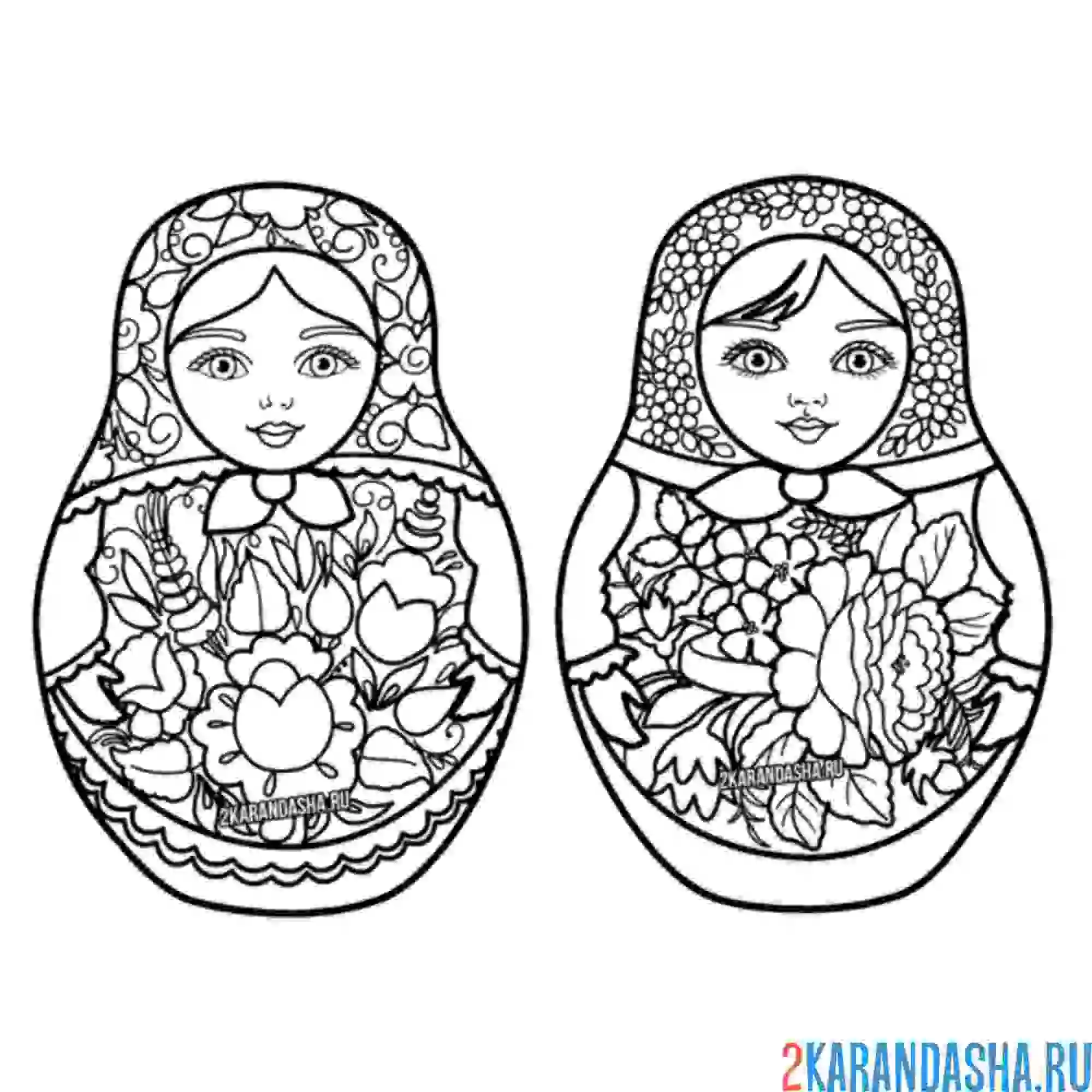 Раскраска две русских матрешки