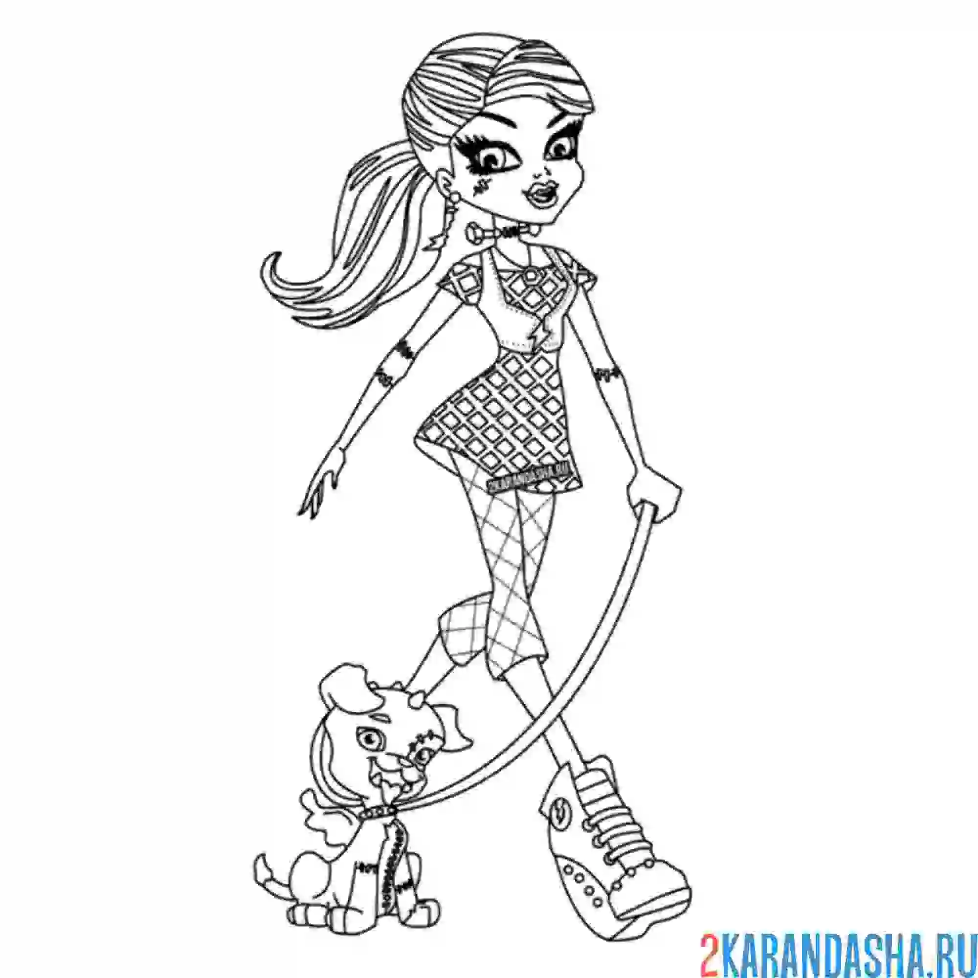 Раскраска монстр хай гуляет с собачкой