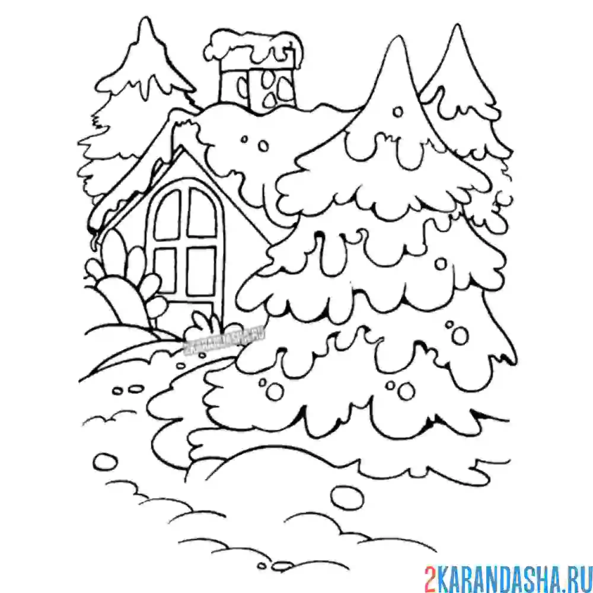Раскраска избушка в зимнем лесу