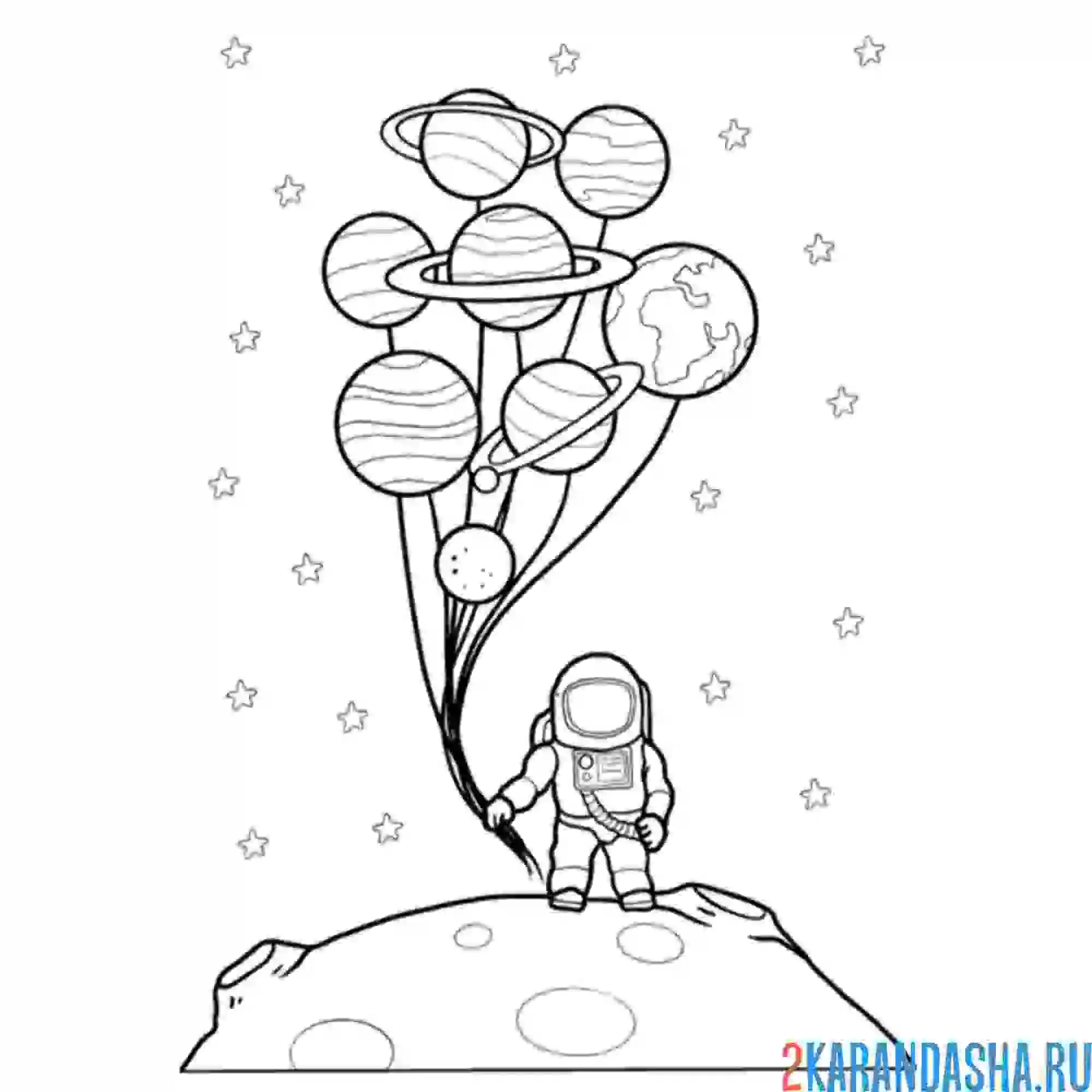 Раскраска космонавт в шарами-планетами