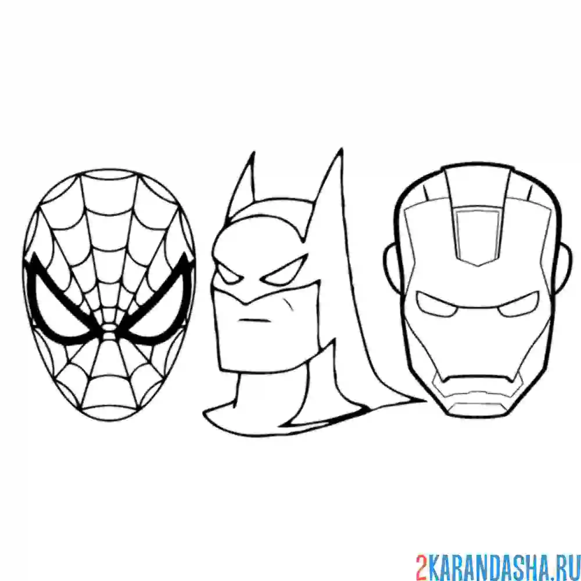Раскраска три маски бэтмена, человека-паука и железного человека