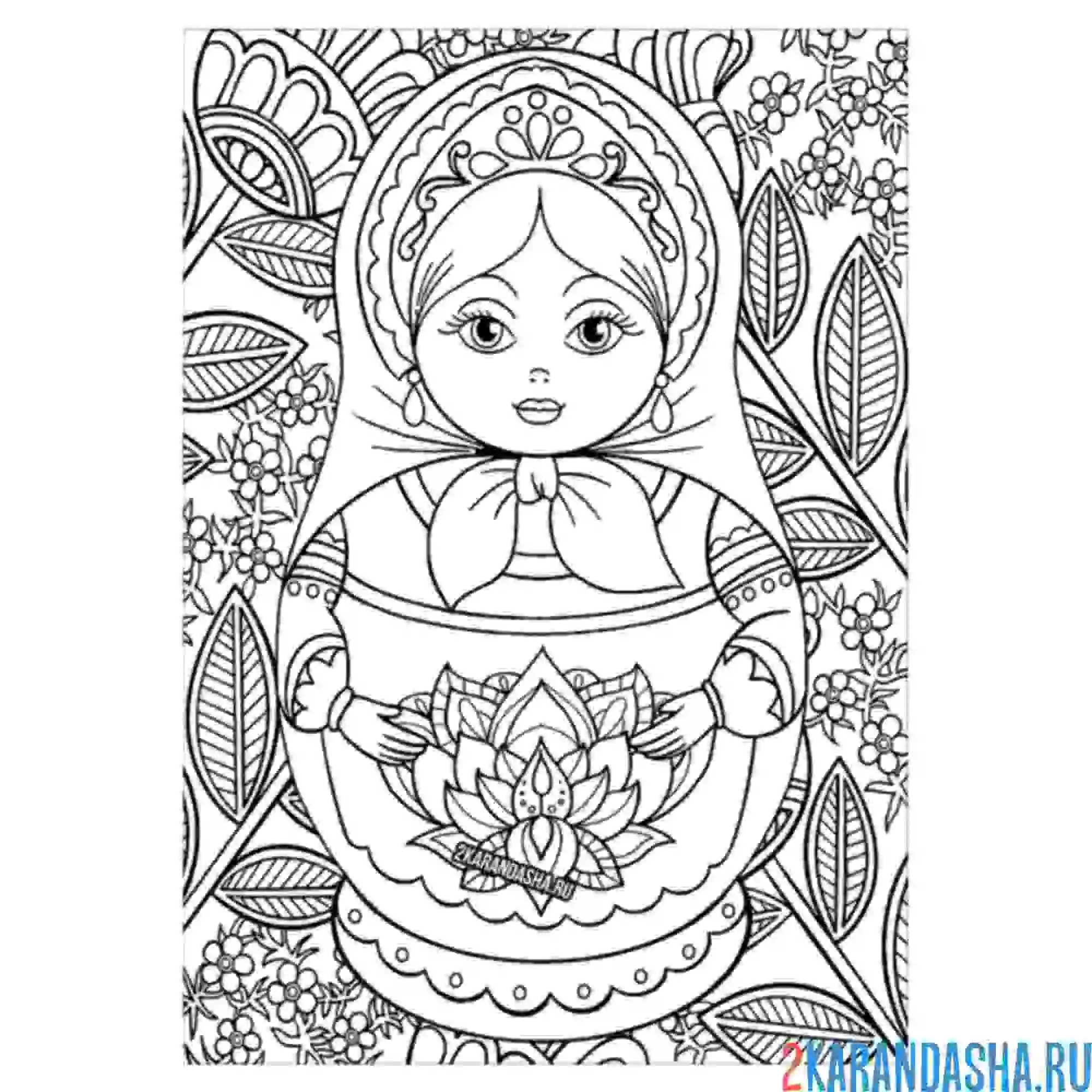 Раскраска матрешка на фоне узоров