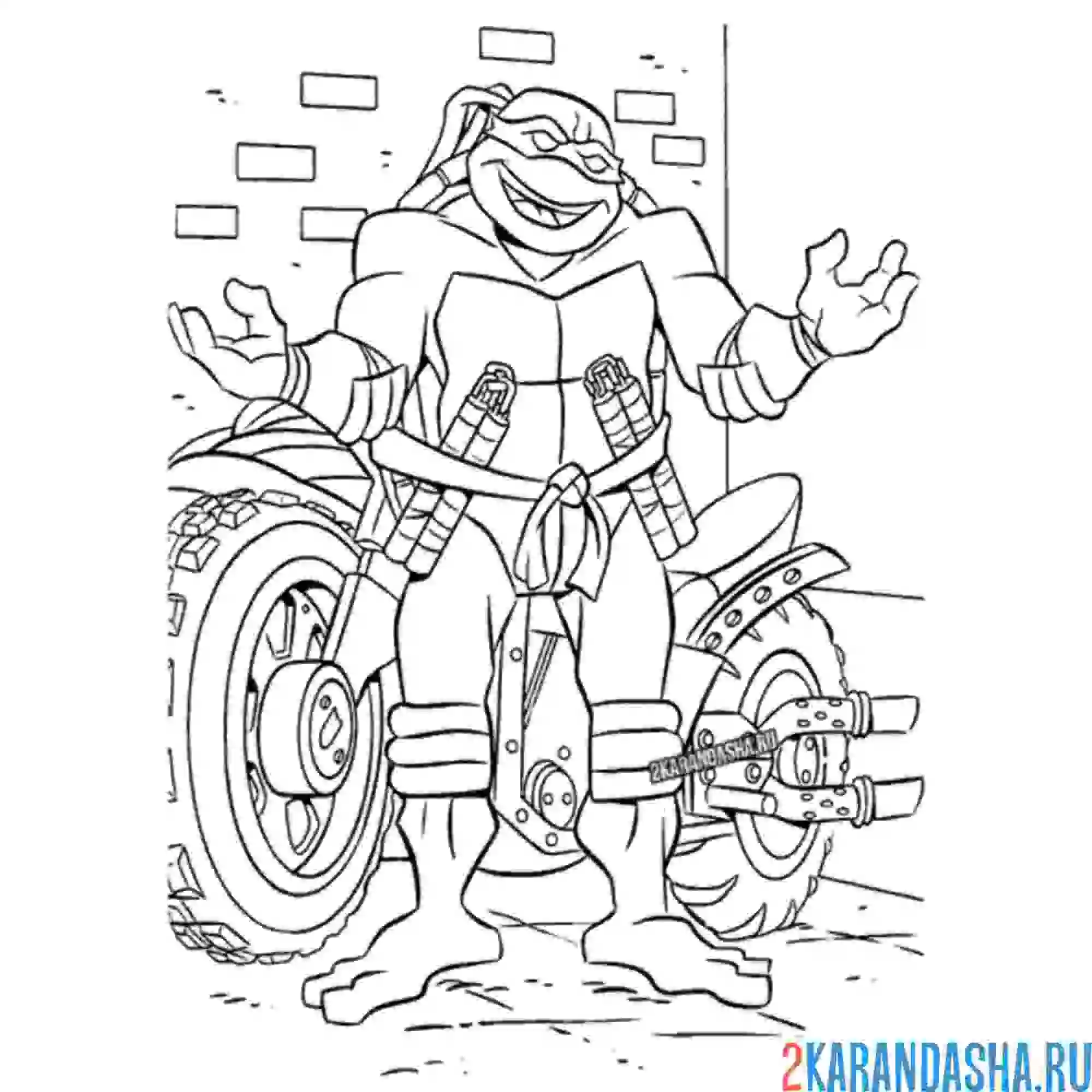 Раскраска микеланджело черепашка-ниндзя и мотоцикл