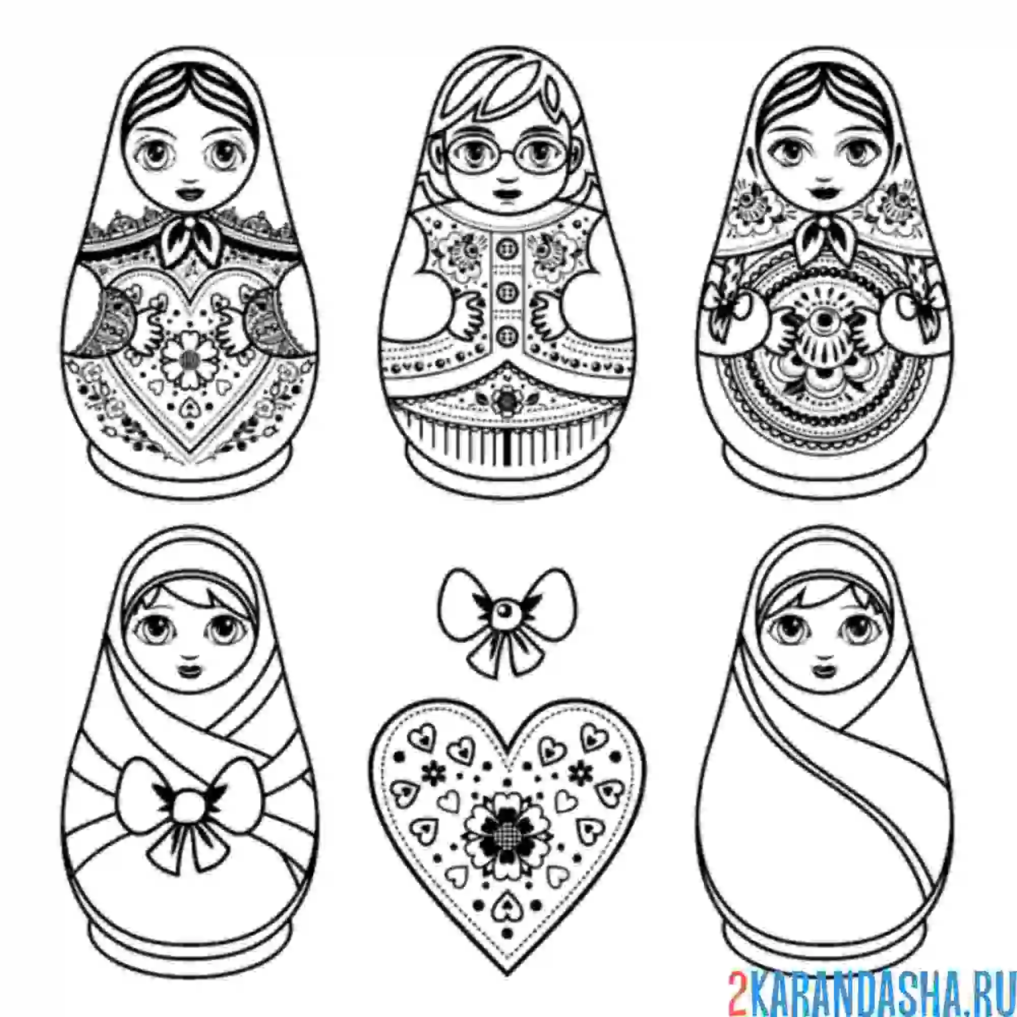 Раскраска много матрешек