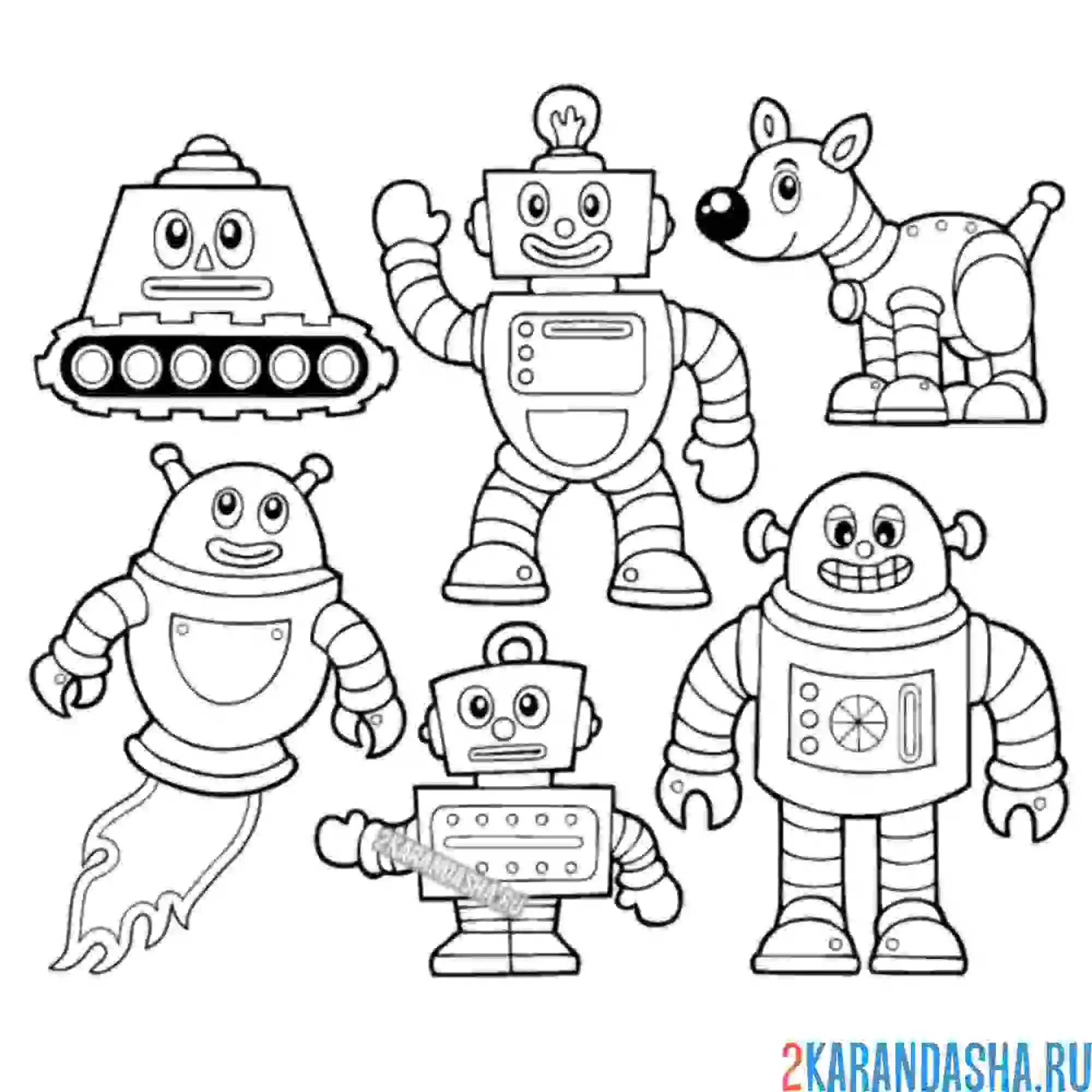 Раскраска много разных роботов