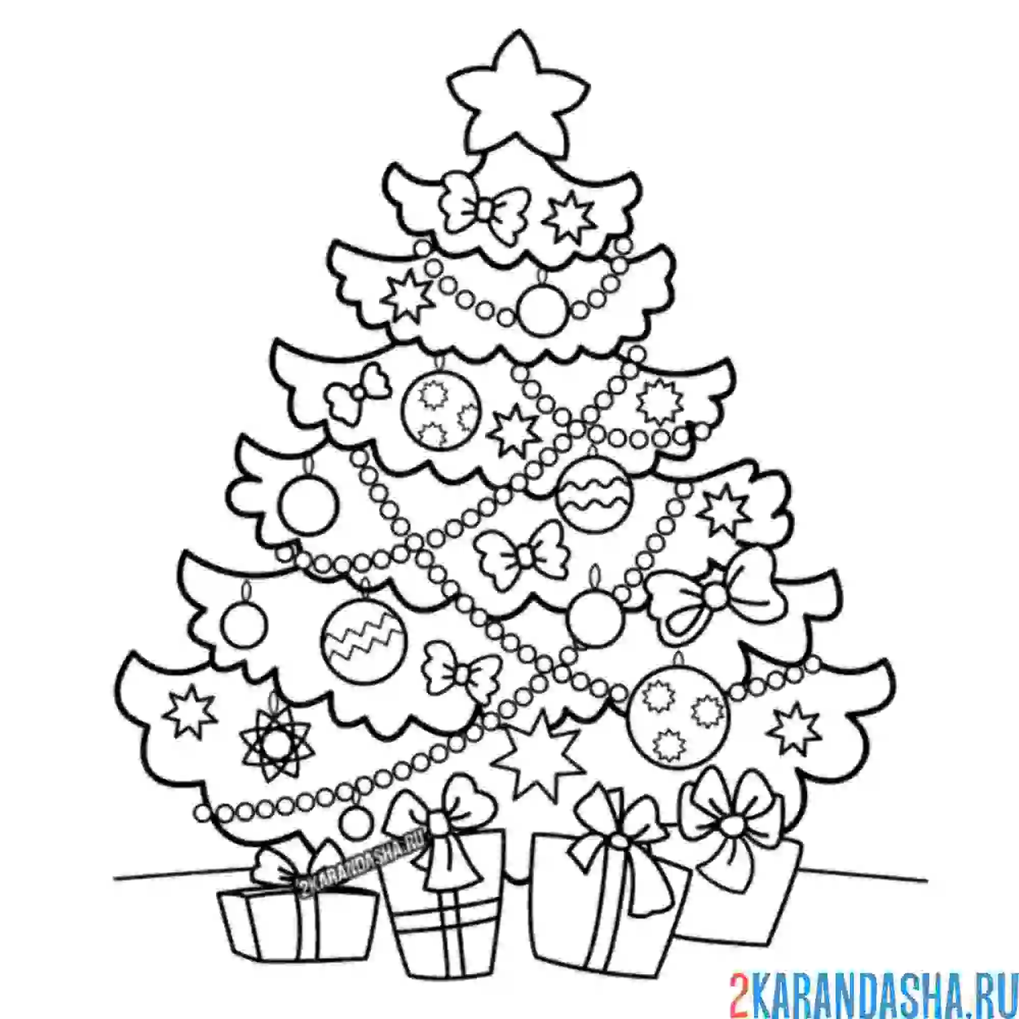 Раскраска пушистая новогодняя ёлочка с подарками