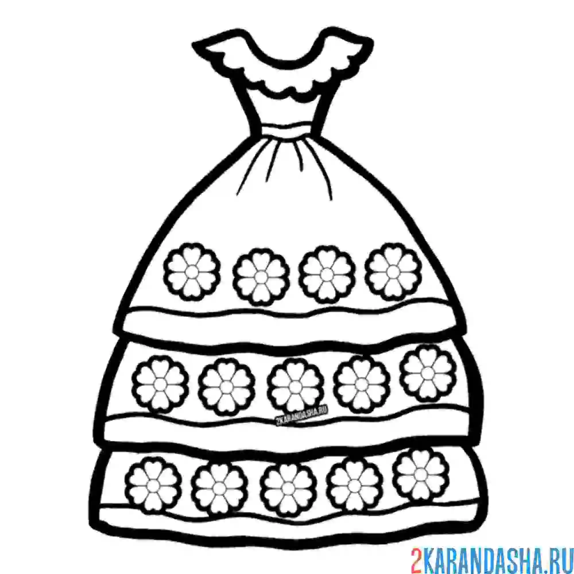 Раскраска пышное бальное платье с цветами