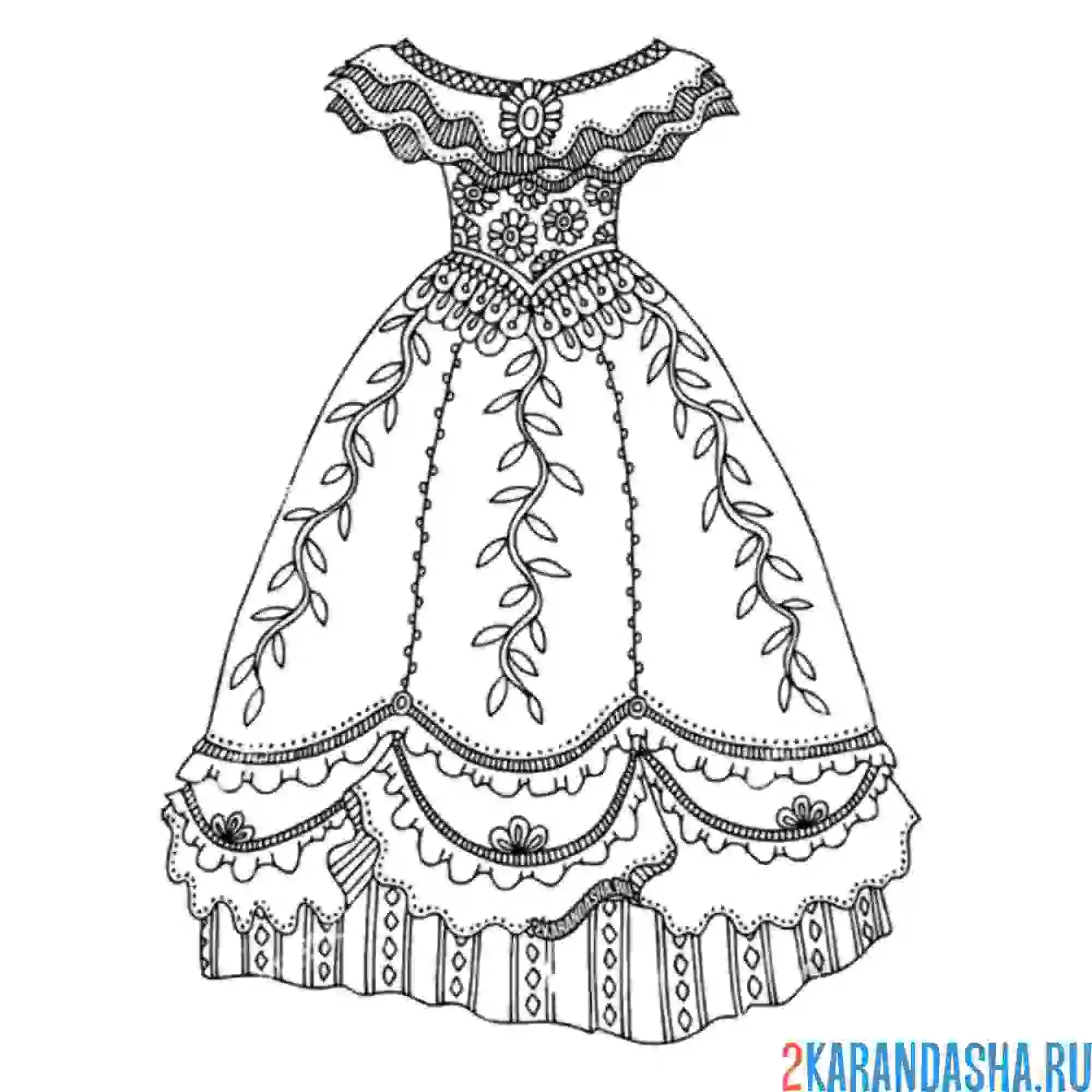 Раскраска пышное платье с узорами