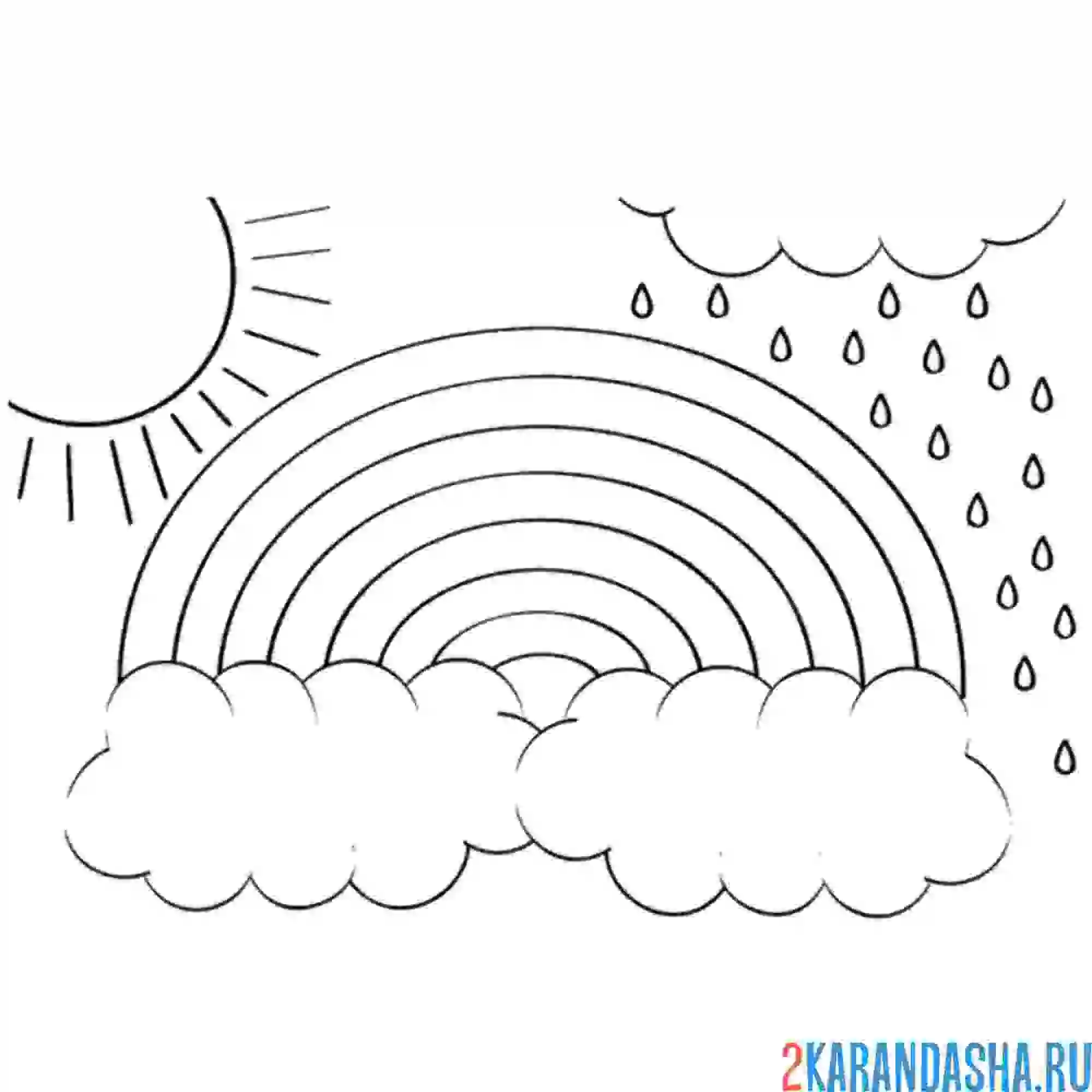 Раскраска радуга, солнце и дождик