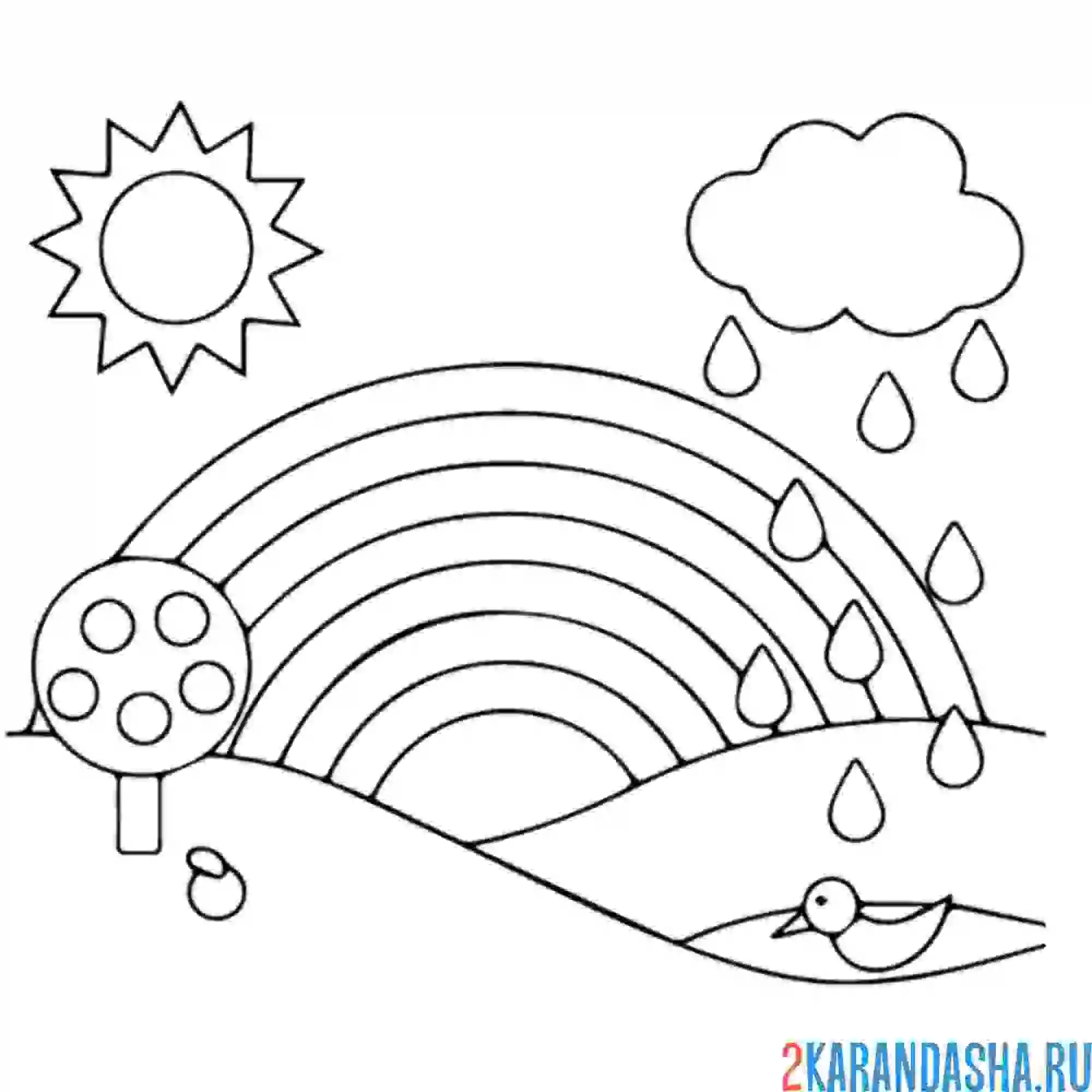 Раскраска радуга, тучка и дождик
