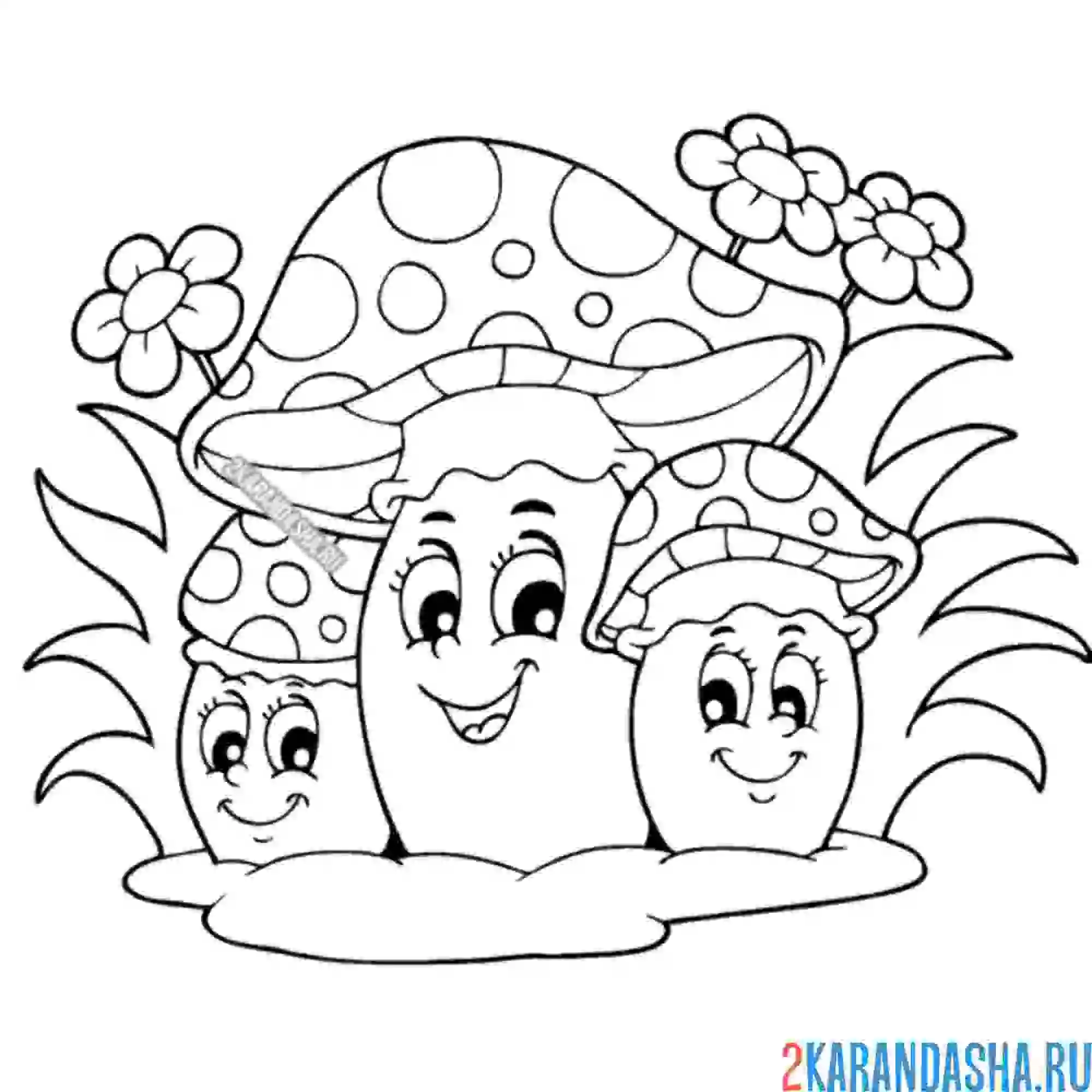 Раскраска семья грибов мухоморов