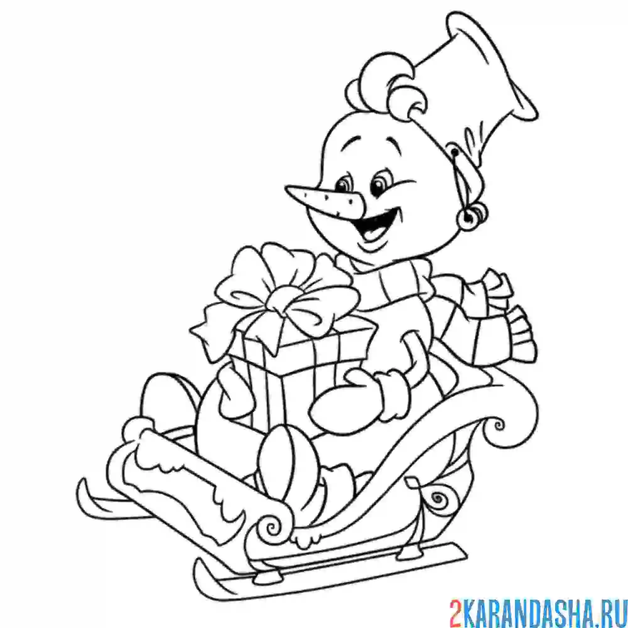 Раскраска снеговик, снеговичок на санках