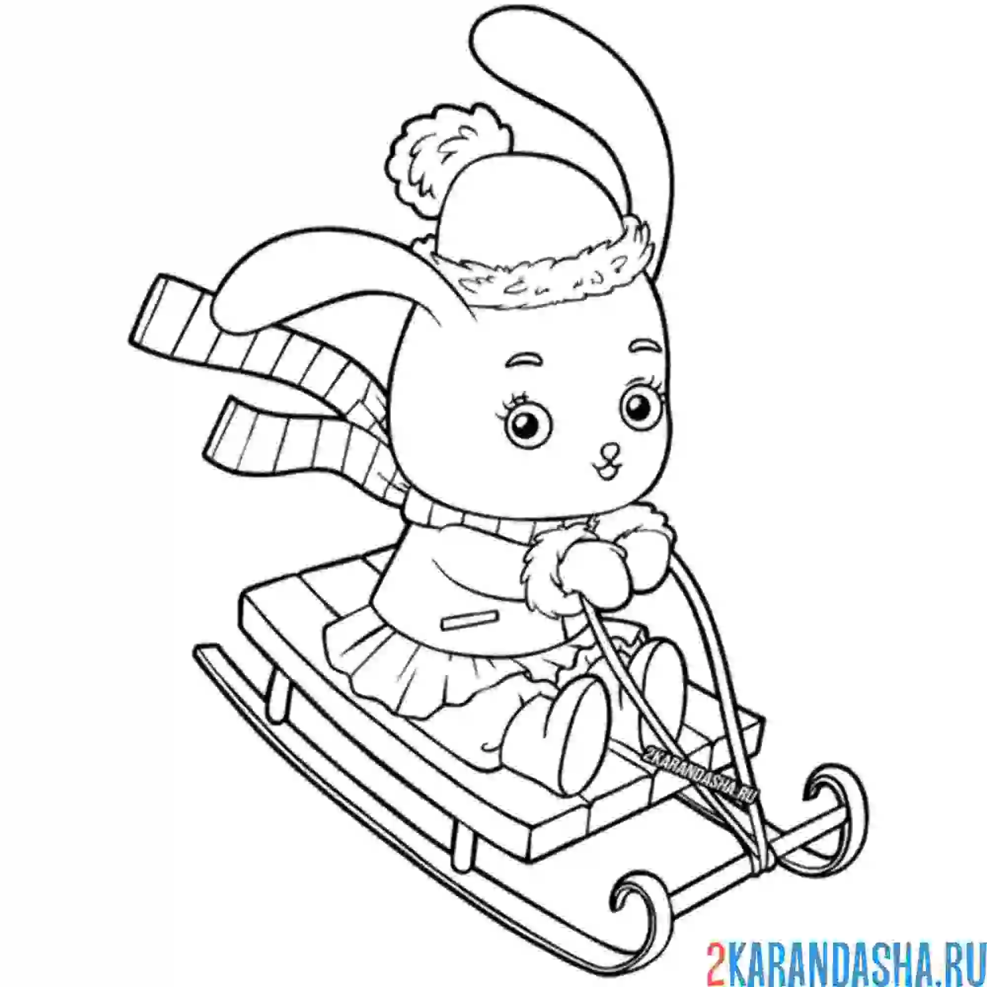 Раскраска зайчик на санках