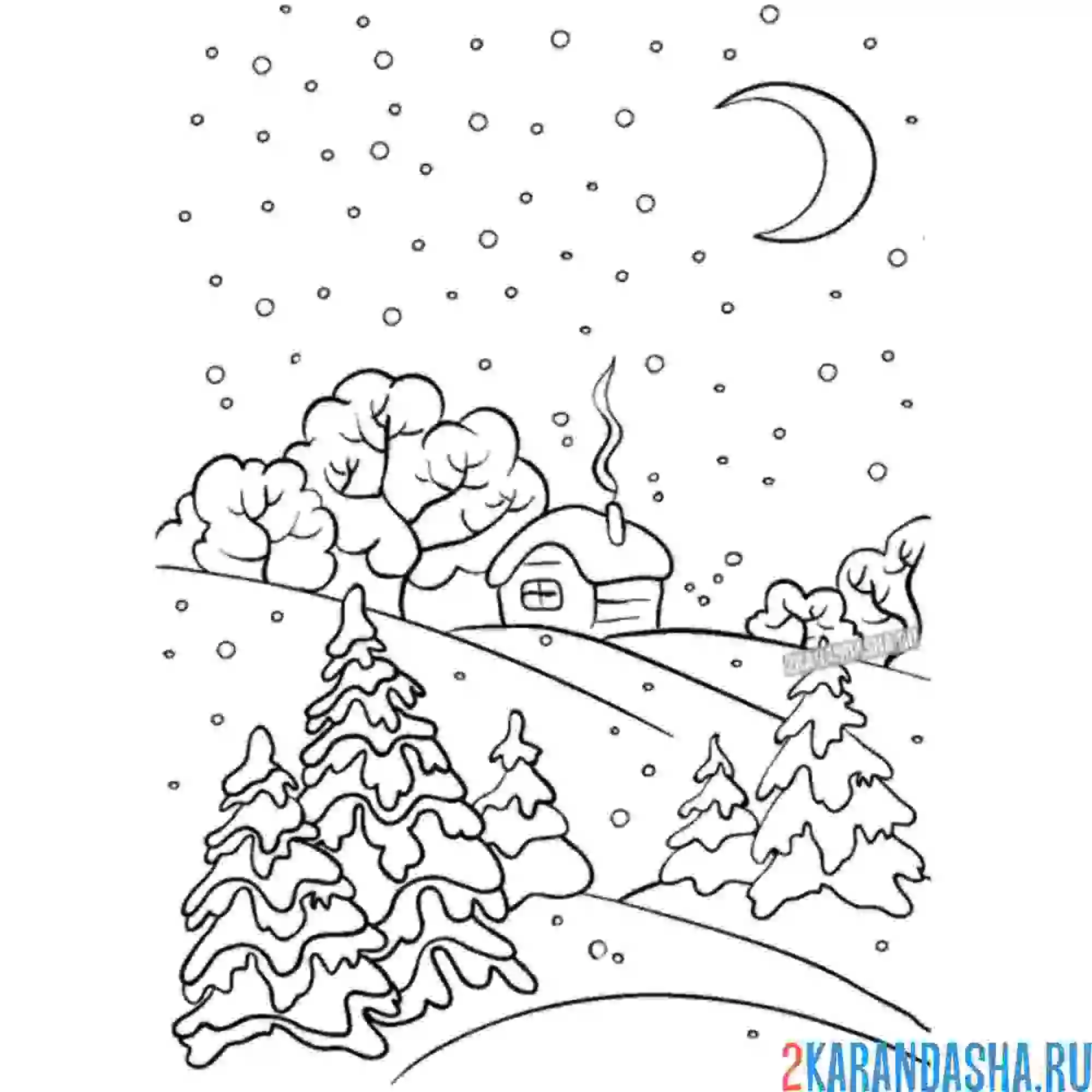 Раскраска зимний лес под луной