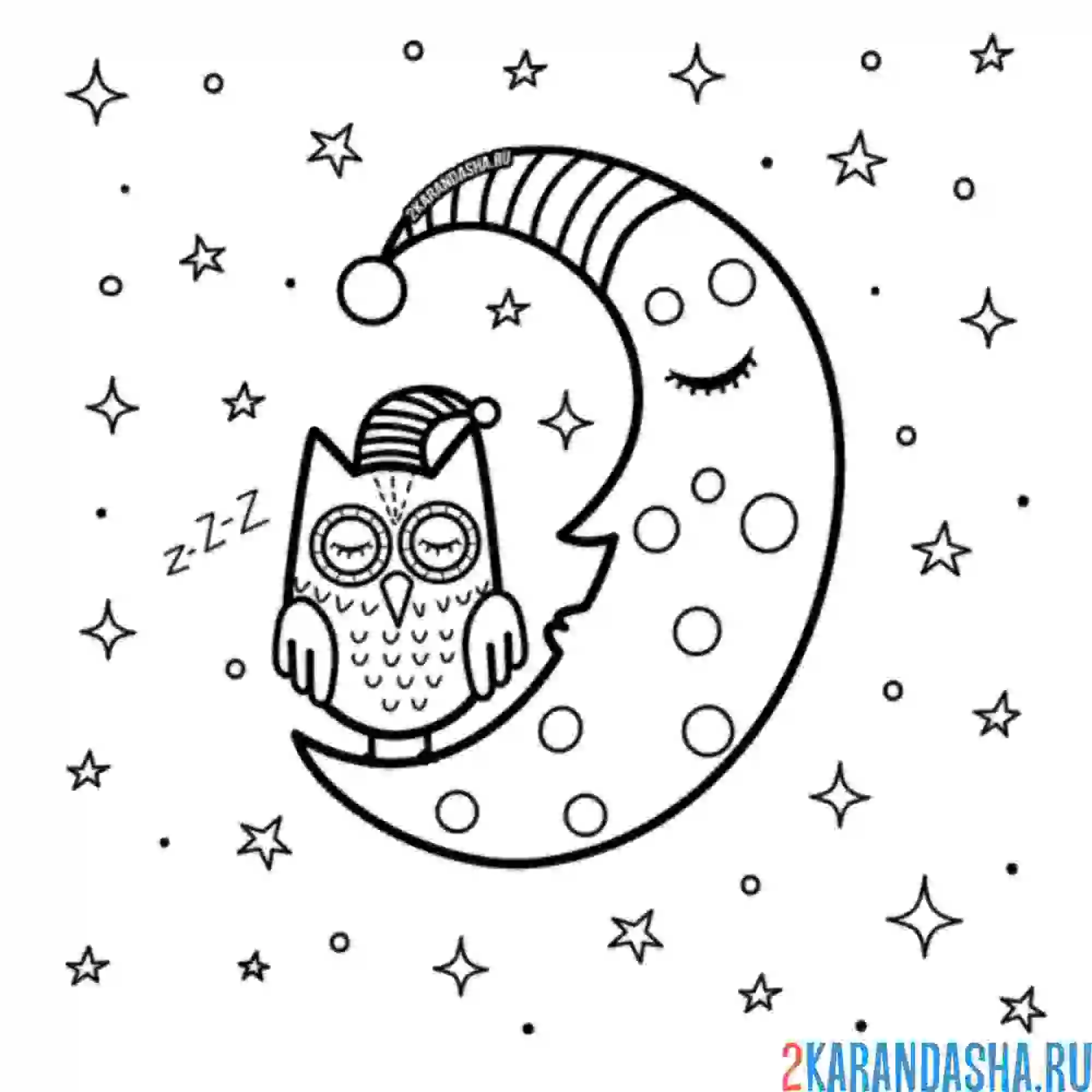 Раскраска звезды, луна и сова