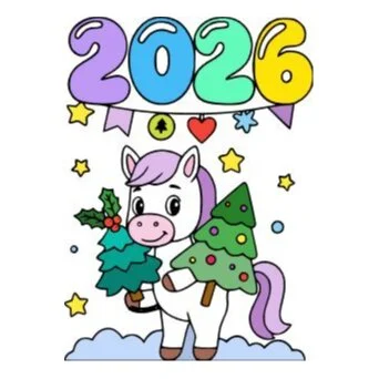 Цветной вариант раскраски 2026 новый год и лошадка