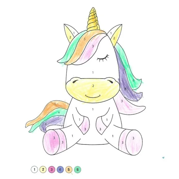 Цветной вариант раскраски по номерам: единорожек для девочек