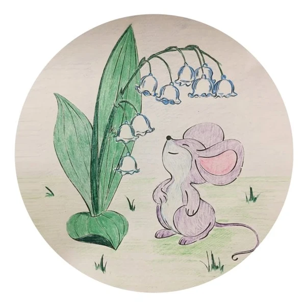 Цветной вариант раскраски мышка и ландыши весной