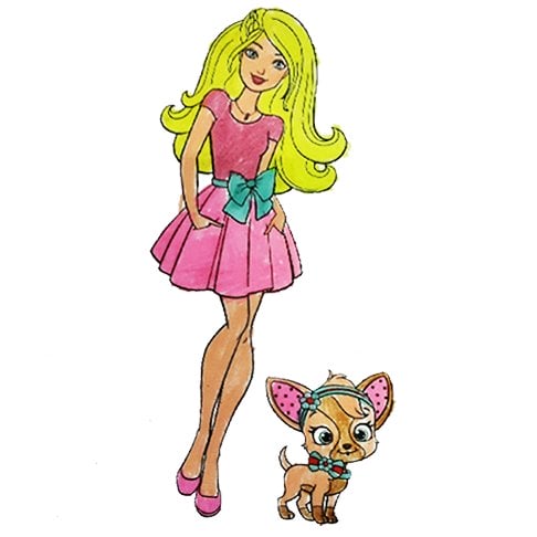 Цветной вариант раскраски барби в платье с бантом и с собачкой